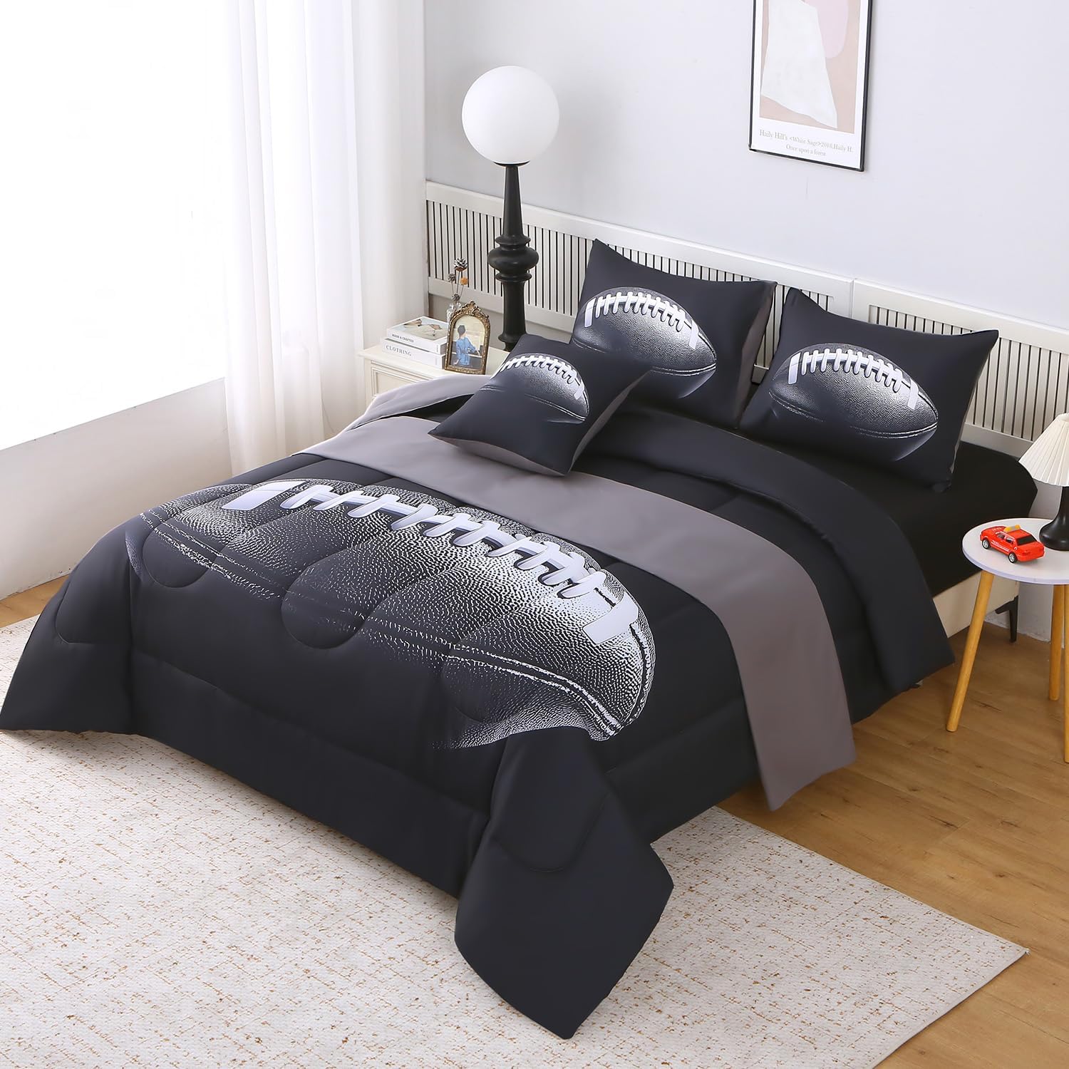 JQinHome Twin Football Themed Comforter Sets for Boys, 6 Piece Bed in A Bag 3D Sport Bedding - All Season Soft Microfiber, with Pillowcase, Flat Sheet, Fitted Sheet, Cushion Cover(Rugby Black)