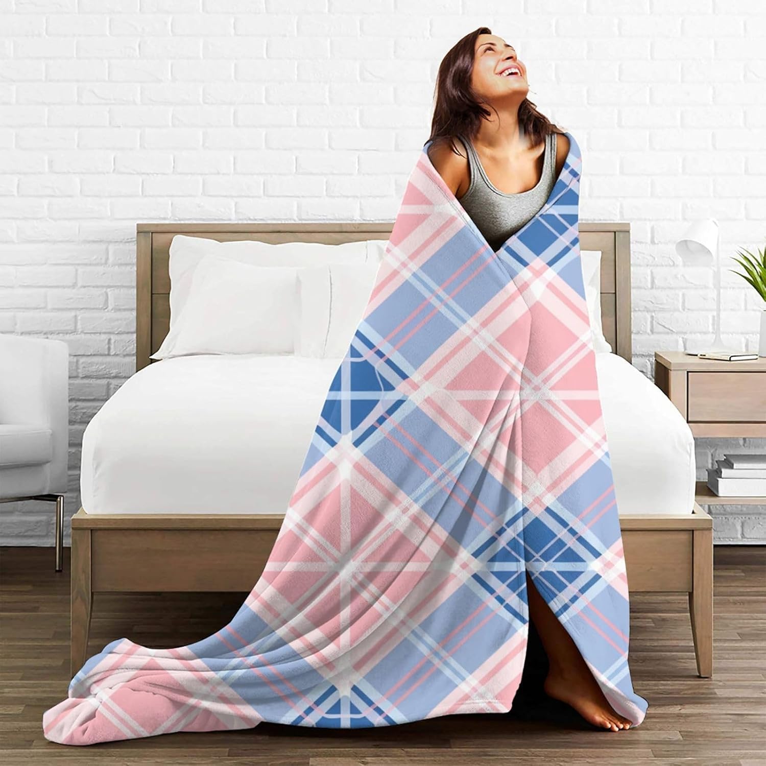 Manta Cuadros Geométricos 200x200 cm Manta Polar de Franela Rosa y Azul para Sofa y Cama, Mantas Ligeras, Caliente y Transpirable, Todas Las Estaciones A-2886
