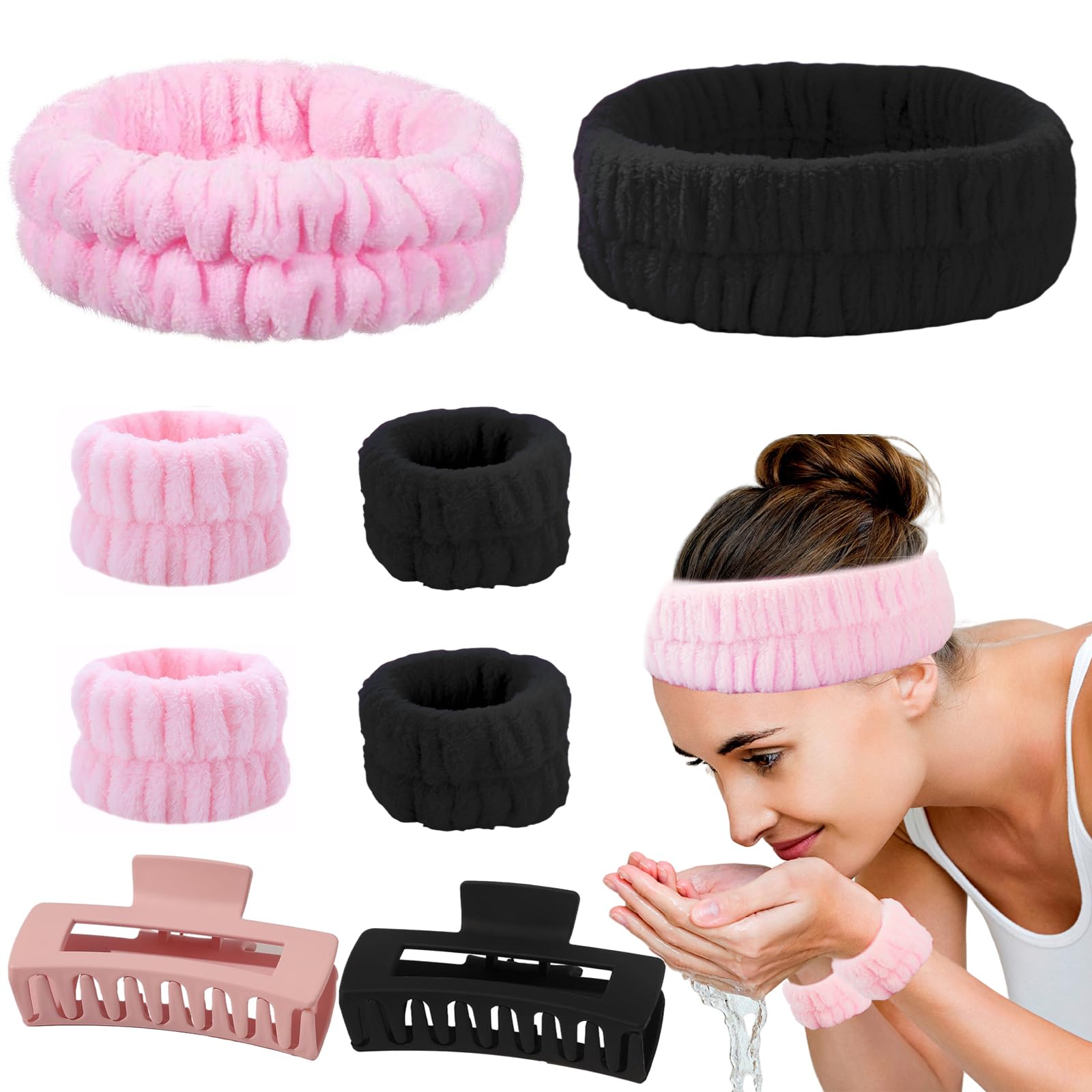 8 Pcs Spa Headband Wristband Set including Hair Clips