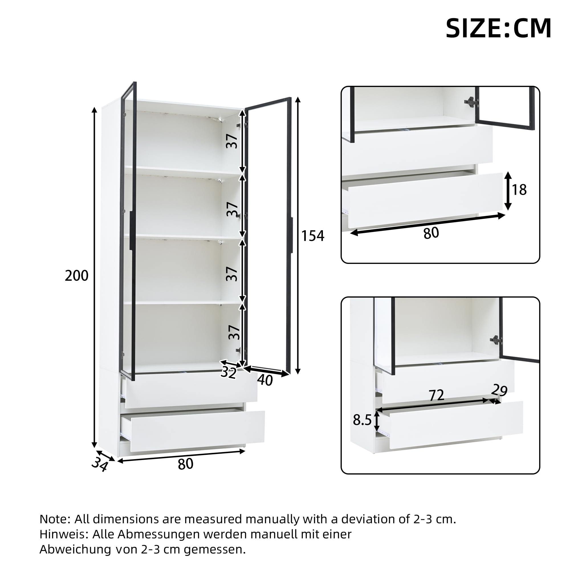 Vitrine Weiß mit LED Beleuchtung, Glasvitrine 80x34x200 cm, Highboard Wohnzimmer mit Glastüren, 2 Türen & 2 Schubladen, MDF