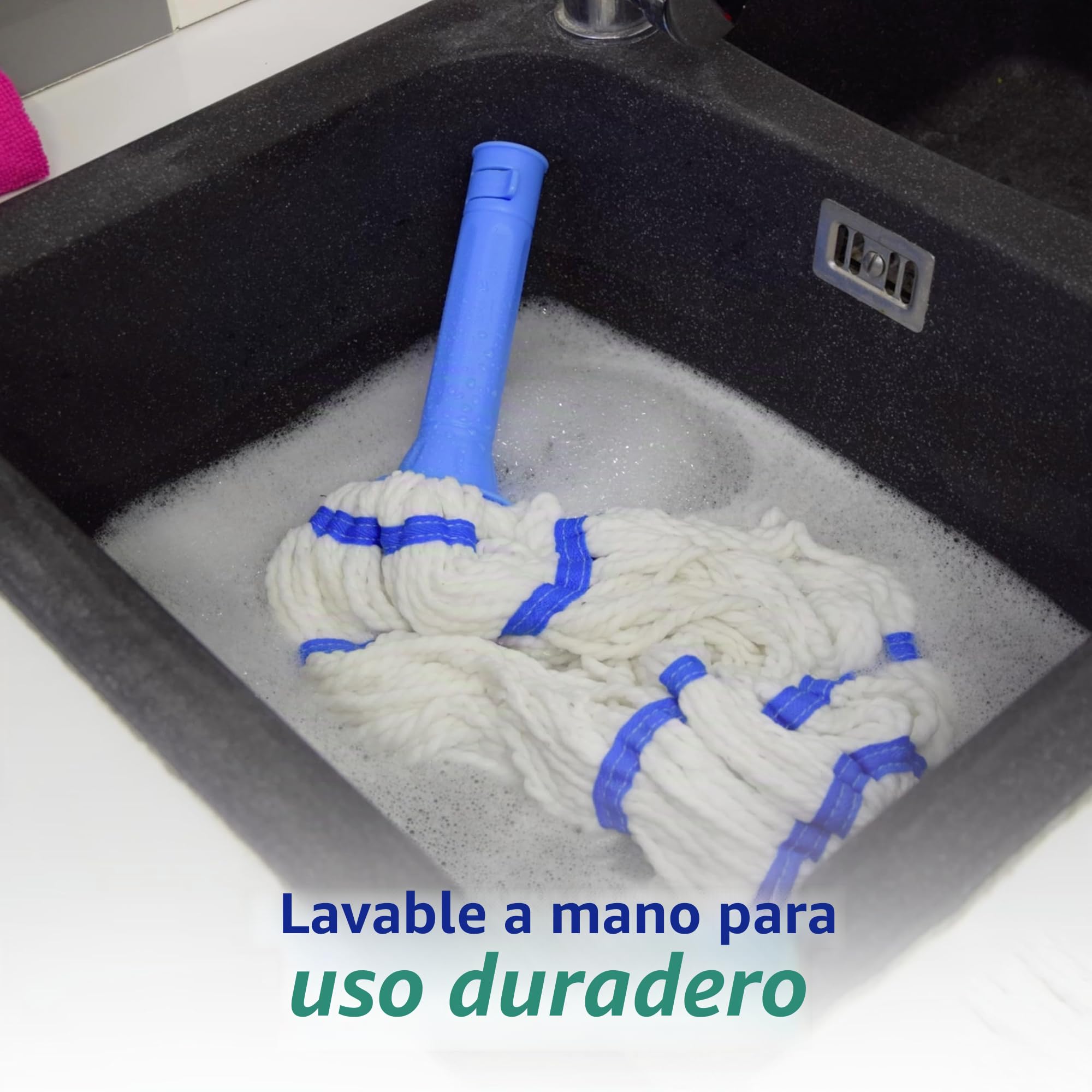 SPONTEX - Twist Mop - Balai à franges microfibre non rayant - Système d'essorage intégré - Manche télescopique ultra compact - 1 Balai