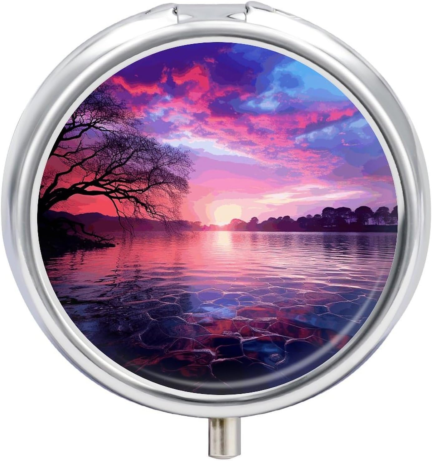 Purple Sunset Round Pill Box with 3 Compartments & Mirror