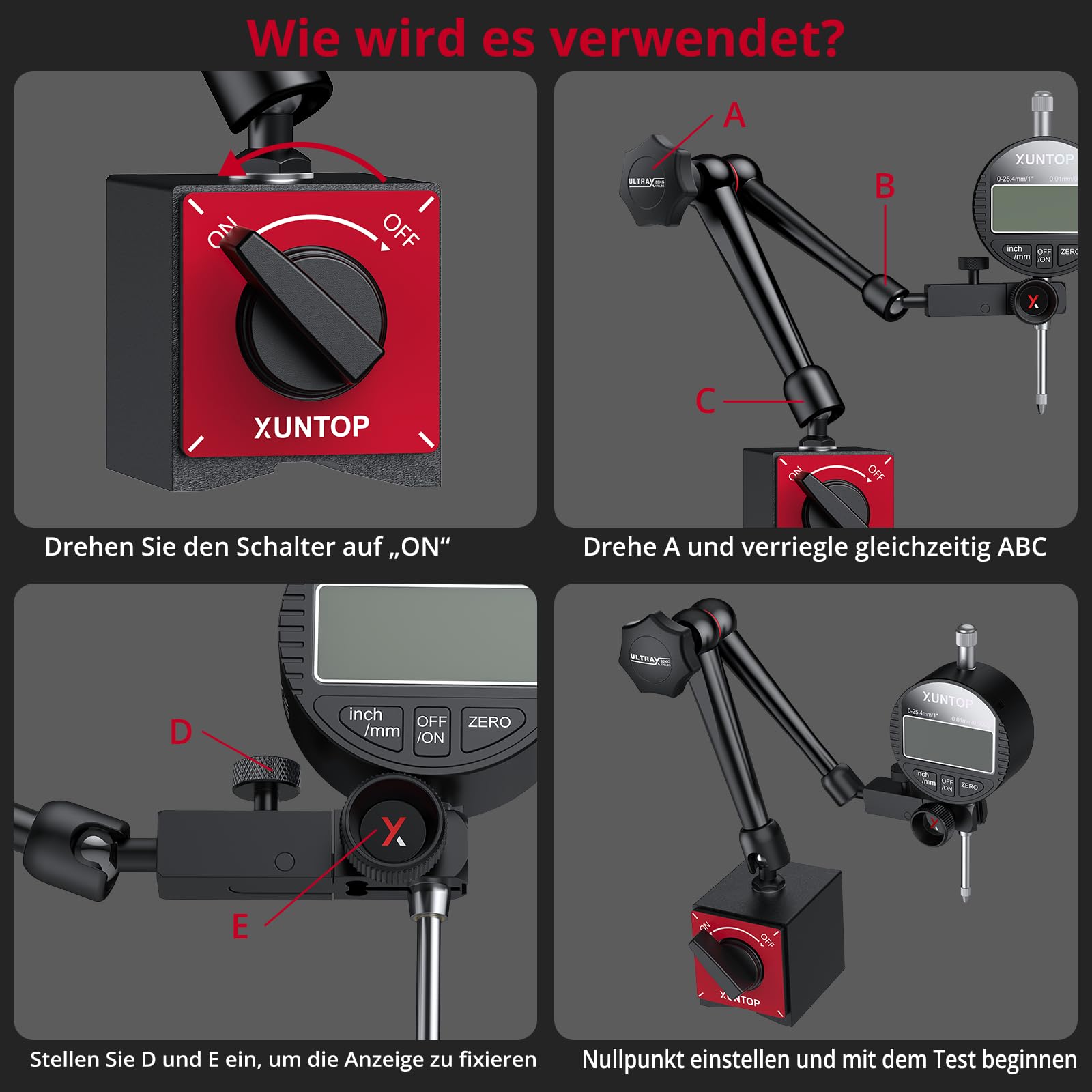 XUNTOP Digitale Messuhr Set 0–1 Zoll/25,4 mm mit Magnetfuß 176lbs (80 kg) Präzise digitale Messuhr Einheitenumrechnung Nullstellungsfunktion, LCD-Anzeige für Werkstatt & Maschinenjustierung