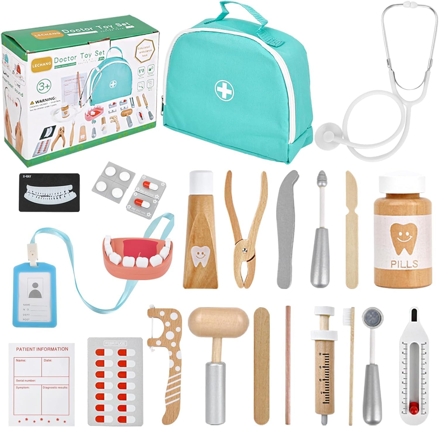 Qwick Click Doctor Kit for Kids, Dentist Pretend Play Educational Doctor Toy Set, 25Pcs Wooden Medical Kit with Stethoscope & Bag & Pretend Teeth Role Play Toys for Girls Boys 3 4 5 6 Year Old (B0DCSTZ6QK) Amazon Price History, Amazon Price Tracker