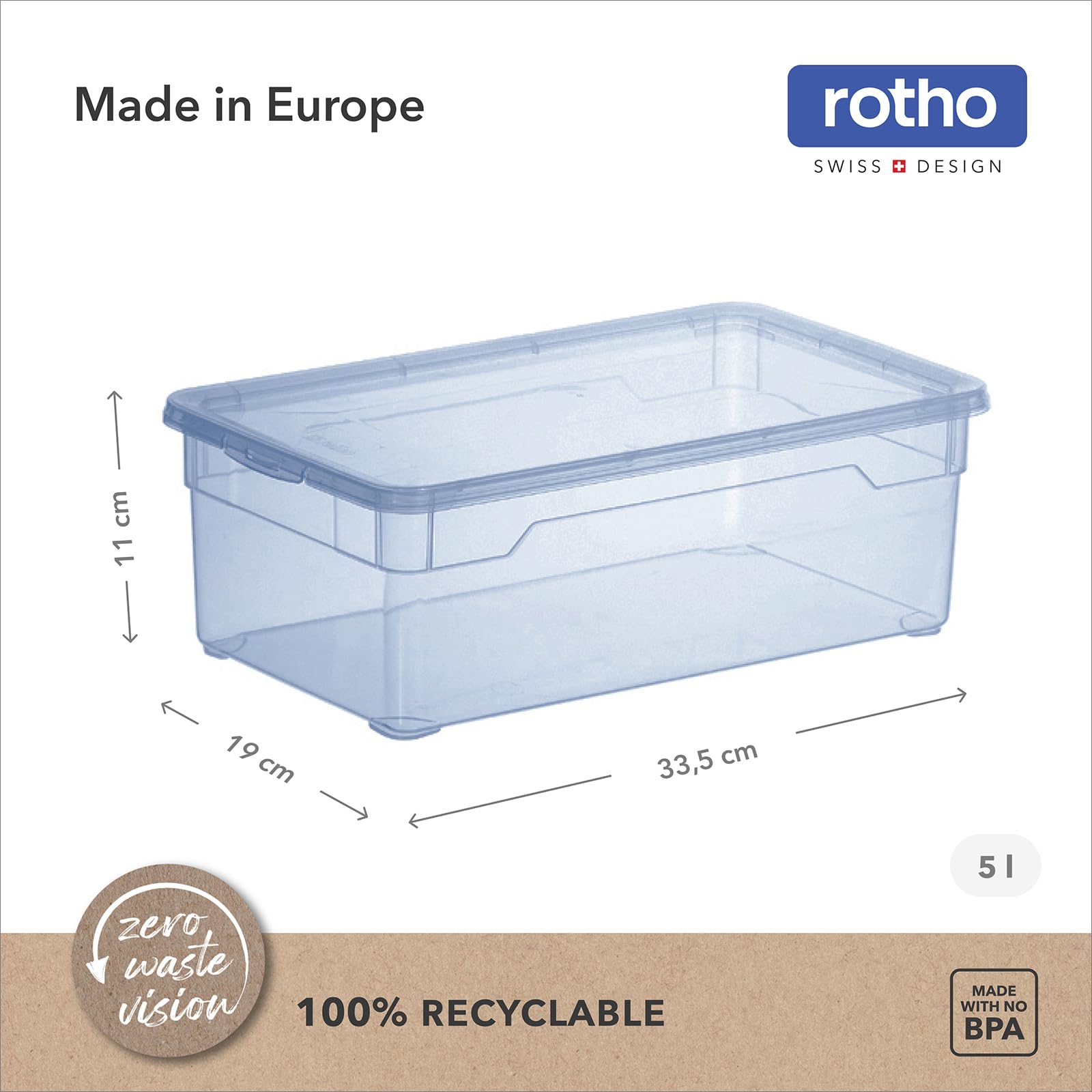 Rotho CLEAR Box zestaw 12 pojemników do przechowywania 5 l z pokrywką, zajmuje mało miejsca, możliwość układania w stos, 33 x 19 x 11 cm, przezroczysty, niebieski
