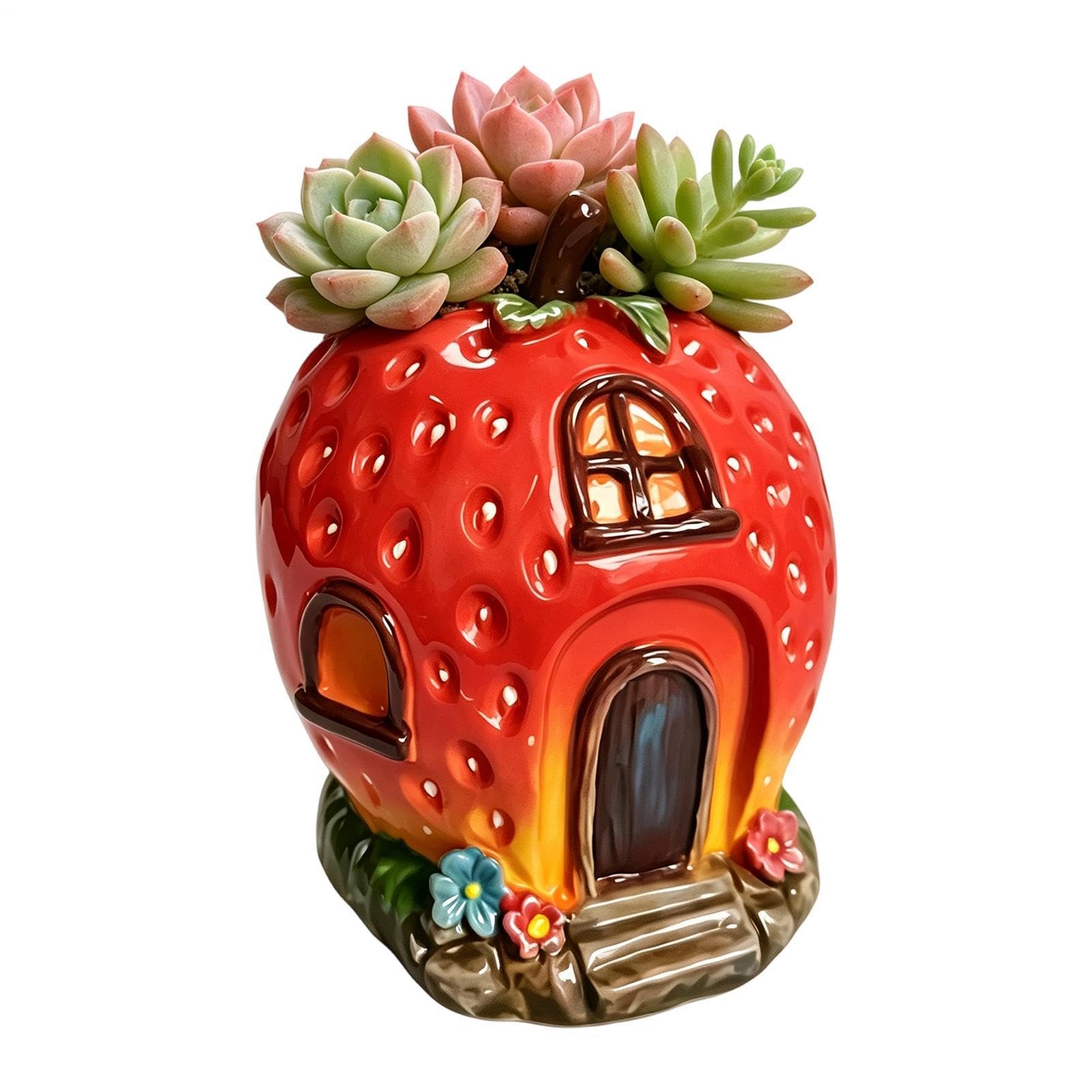 Jarrón decorativo de fresa y flores para estantería o mesa de escritorio