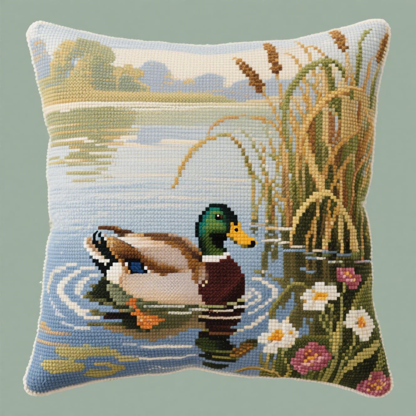 Henypt Latch Hook Cushion Kits Wild Ducks in the Lake DIY Hook and Latch Kit, Crochet Craft Kit for Beginners Home Embroidery Decoration,43X43cm