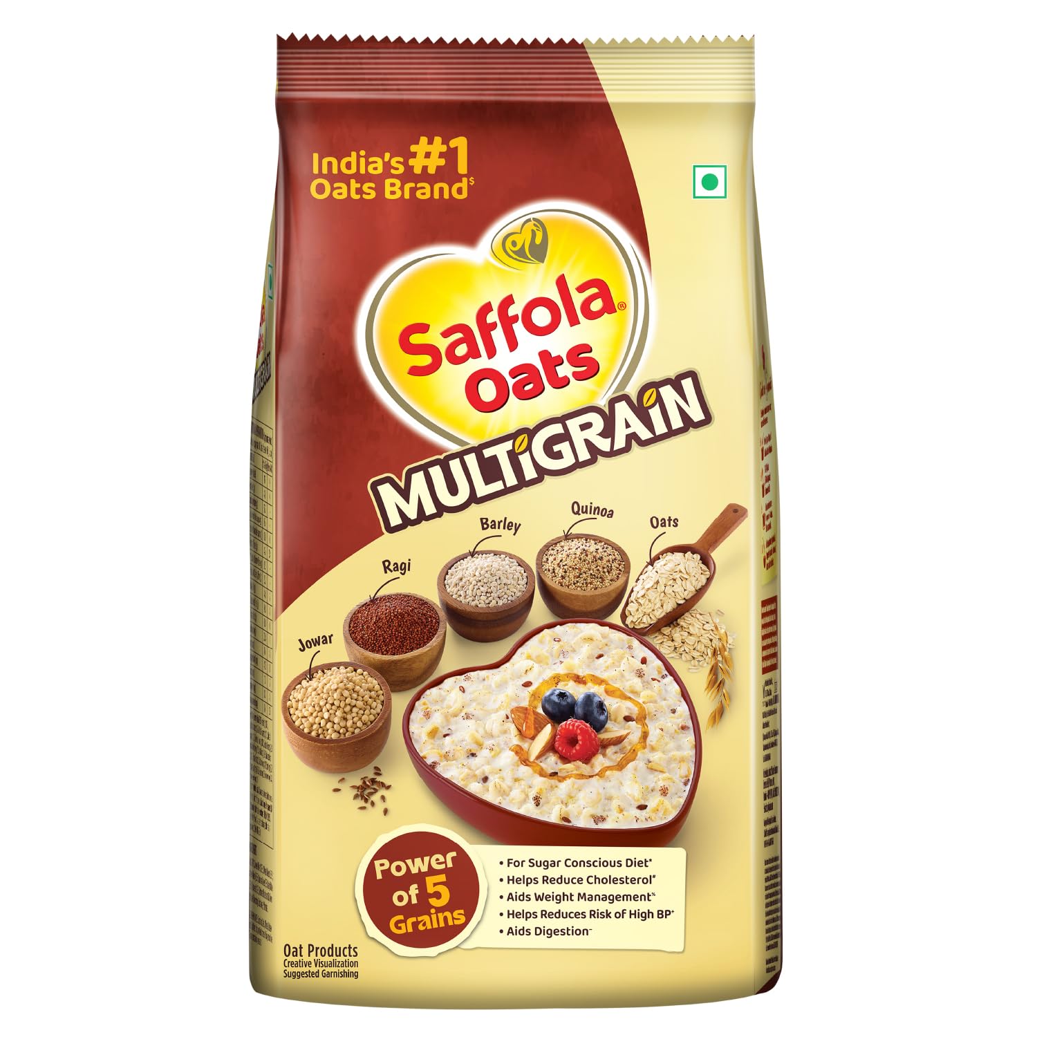 Saffola Oats Multigrain | 480g | 5 Super Grains-Rolled Oats, Ragi, Quinoa, Jowar, Barley | Helps Reduce Cholesterol, Helps Manages Weight, Reduce Risk of High BP, Aids Digestion