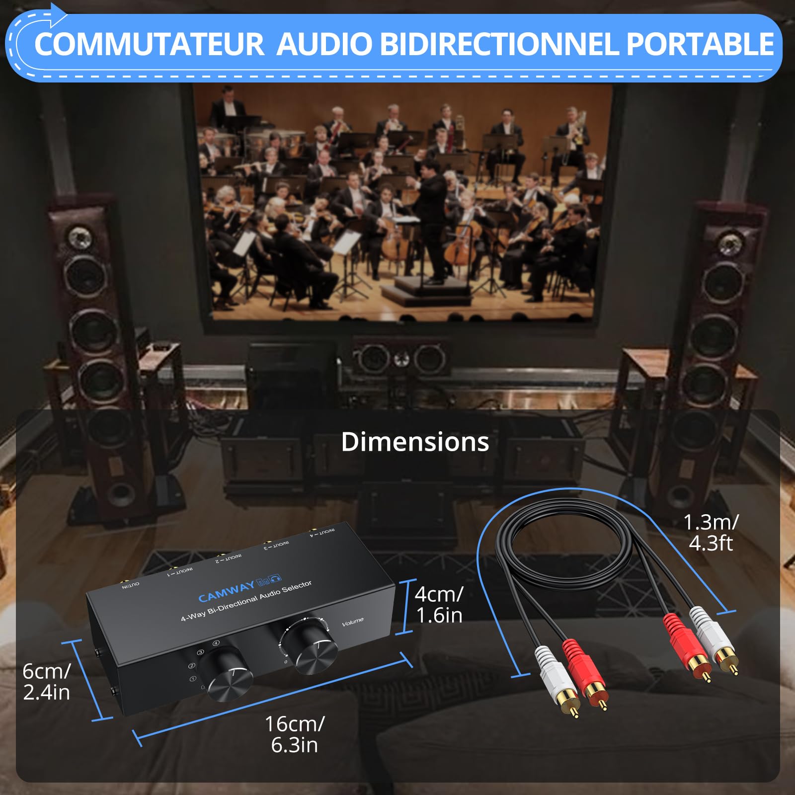 CAMWAY 1X4/4X1 Commutateur Audio Bi-Directionnel RCA & 3.5mm – Commutateur Stéréo à 4 Sorties ou Entrées, avec Fonction Off et RCA Inclus, Compatible PC, Smartphone, Amplificateur et Casque