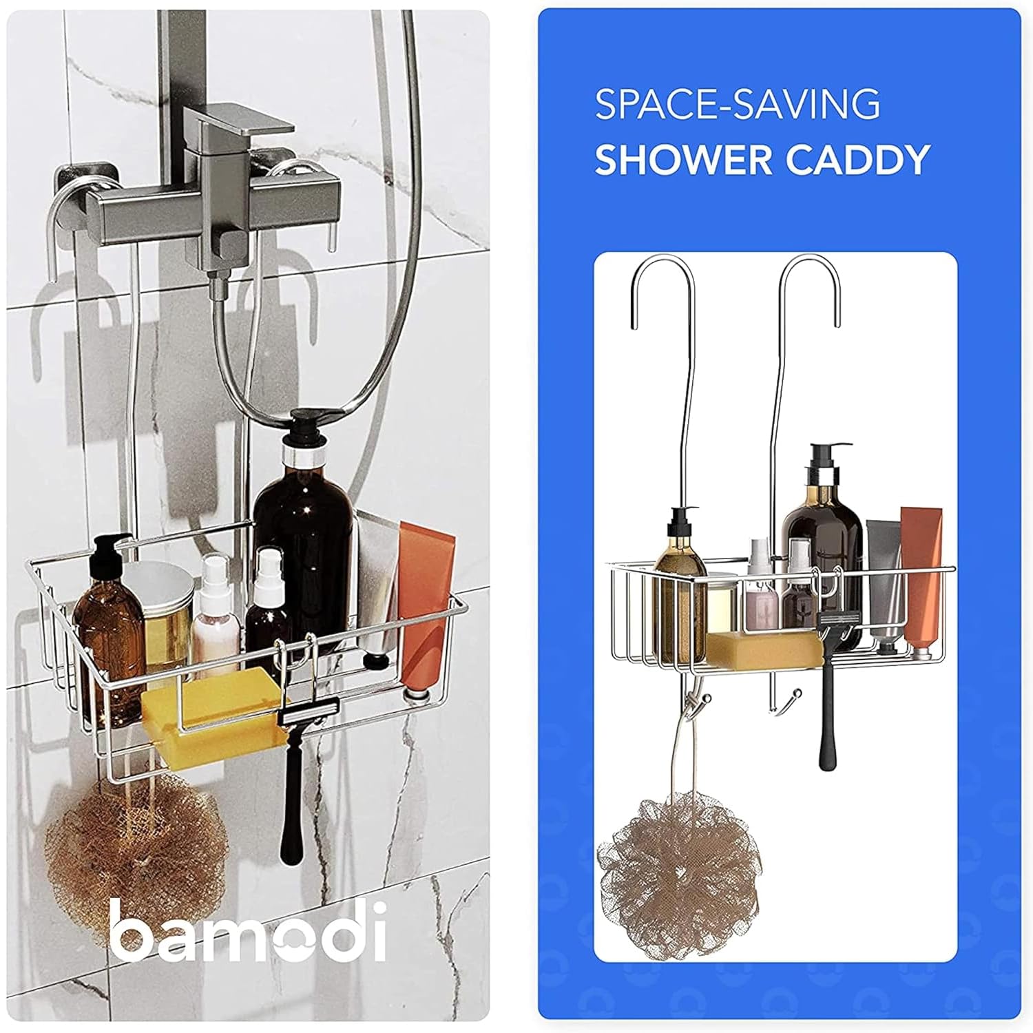 Mensola Doccia in Acciaio Inossidabile – Cestino Portaoggetti da Doccia Antiruggine con Ganci – Portaoggetti da Appendere con Guaine in Silicone e Anelli in Gomma Antirumore – Accessori Bagno