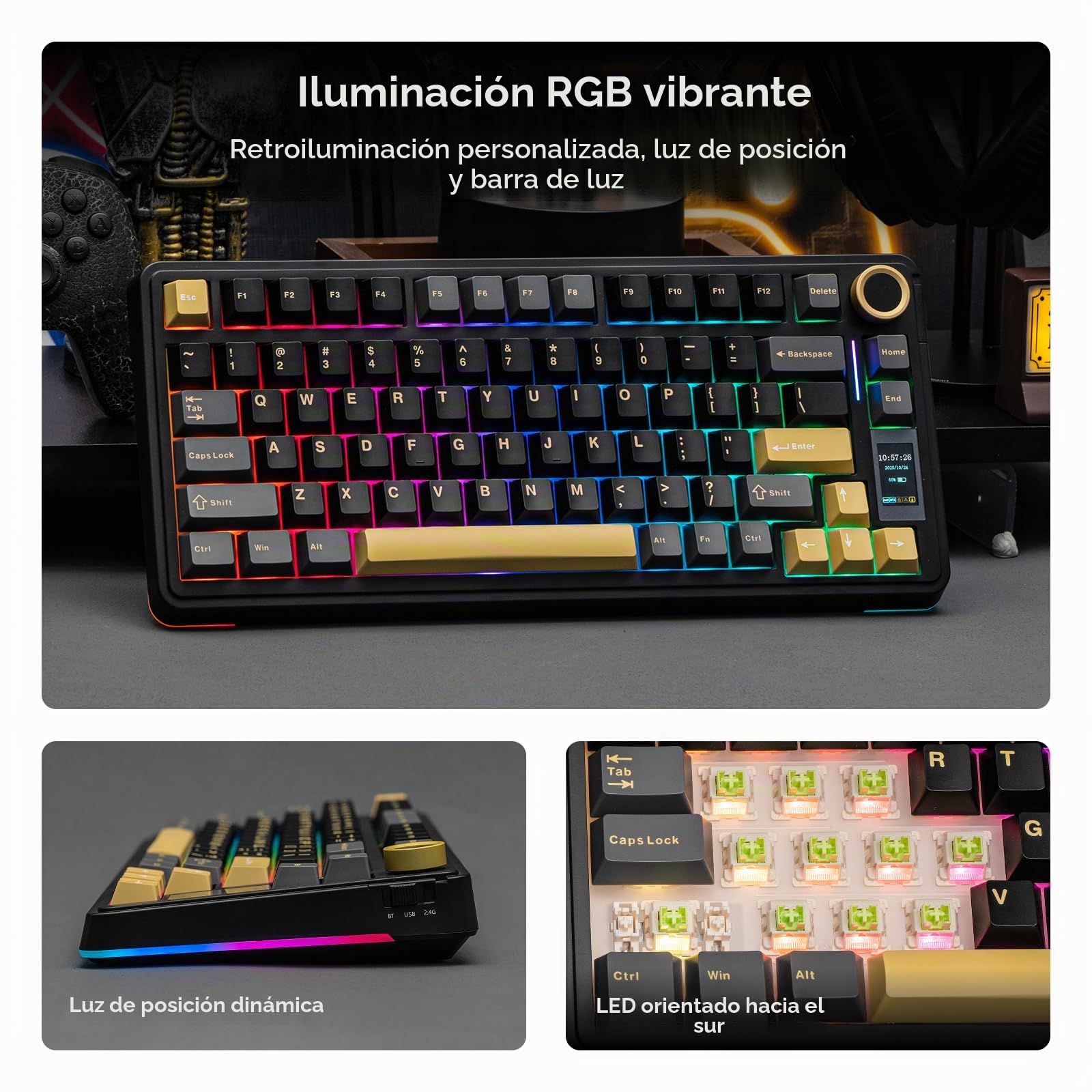 EPOMAKER X Aula EA75 MAX Teclado Mecánico Inalámbrico para Juegos con Pantalla y Perilla, 5000mAh, Hot-Swap, RGB, Teclas PBT,Gasket Suave, Teclado Mecánico del 75%,Formato US (Negro, Silent Switch)