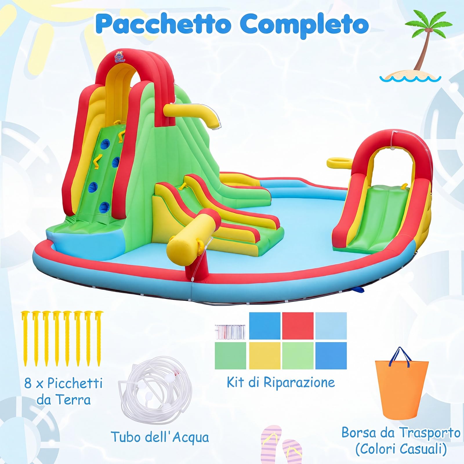 COSTWAY Castello Gonfiabile per Bambini 3-12 Anni, Grande Parco Acquatico di Giochi con Doppio Scivolo, Piscina, Parete da Arrampicata e Canestro da Basket, per Interno e Esterno
