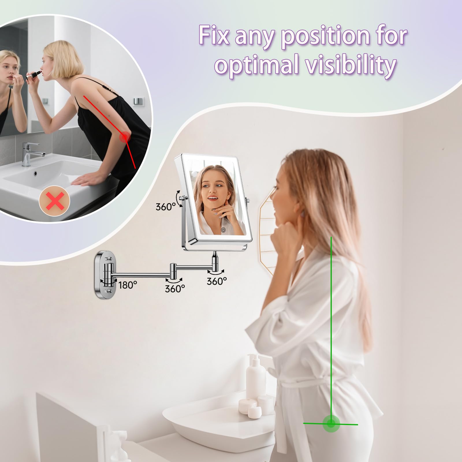 FASCINATE Wiederaufladbarer Kosmetikspiegel mit 1X/10X Vergrößerung | 3 dimmbare Lichtfarben, Touchscreen, 360° dreh für Wandmontage Rasierspiegel, Schminkspiegel für Badezimmer (Siber)