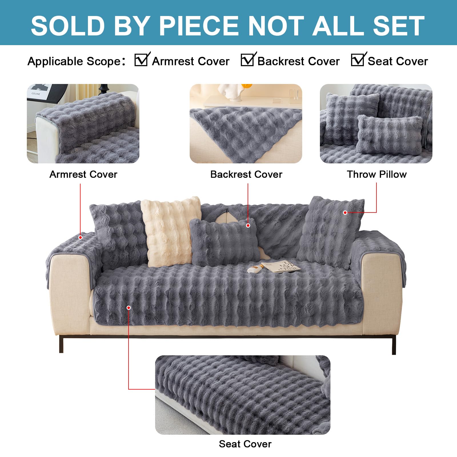 ShowyLive Sofa Covers 1 2 3 4 Seater Couch Covers,Thick Corner Sofa Slipcover L Shape Chaise Longue Furniture Protection for Living Room- Super Soft Armrest/Backrest Covers (Grey - Image 2
