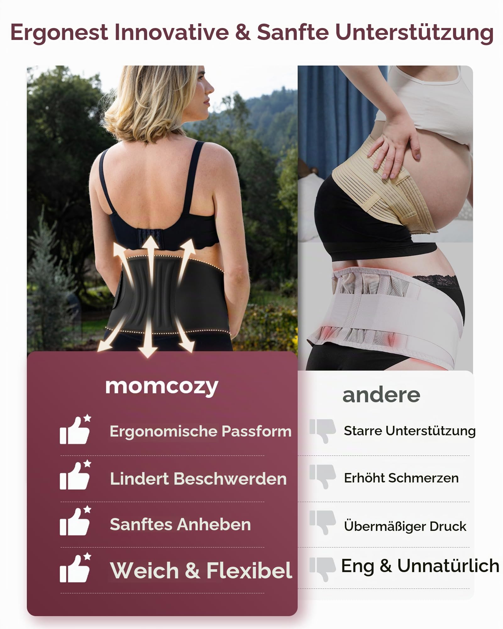 Momcozy Schwangerschafts-Bauchband – Ergonomische Rückenstütze & atmungsaktives Material – Verstellbarer Umstandsgürtel zur Linderung von Bauch-, Becken- und Rückenschmerzen, Schwarz XL