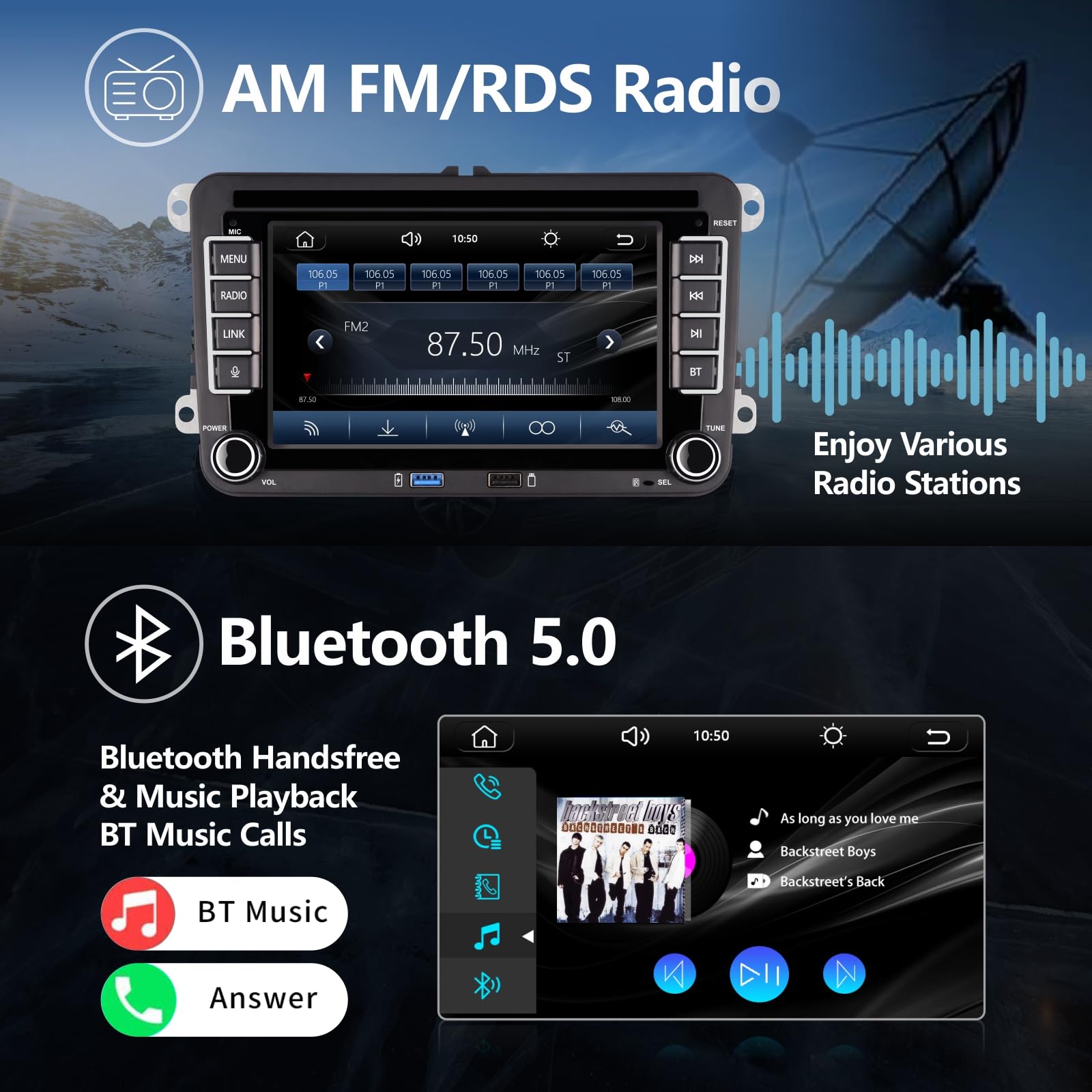 VW Autoradio mit 7 Zoll Bildschirm Kompatibel mit Wireless CarPlay & Android Auto für VW Golf 5/6, Passat, Polo, Jetta, Caddy, EOS, T5, Tiguan, Touran, CC, Bluetooth/FM/AM-Radio/USB/EQ