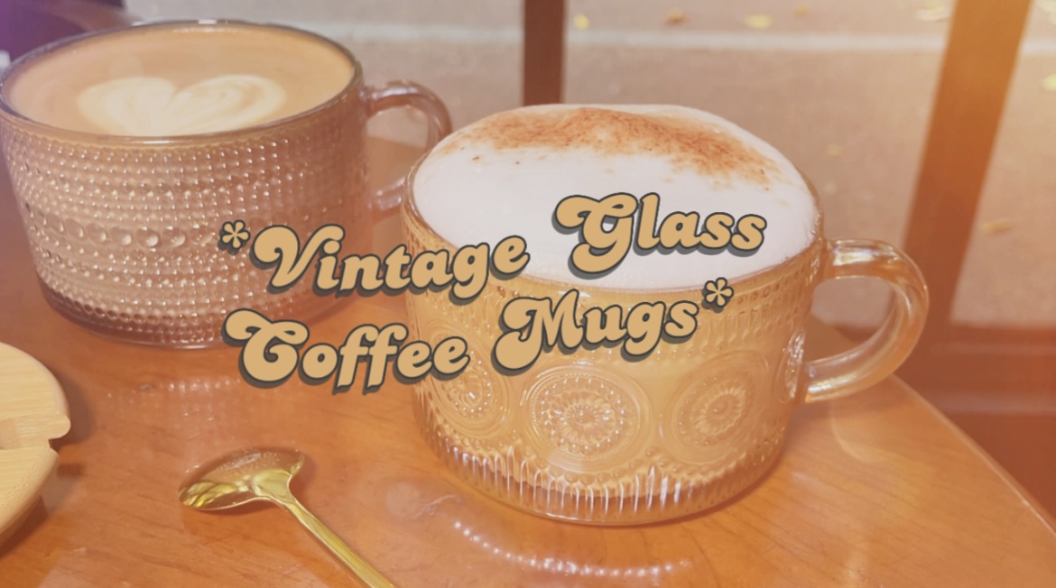 Amber Vintage Glass Coffee Mugs Set Of 4 - 14 Oz, With Bamboo Lids &  Spoons, Embossed Design
