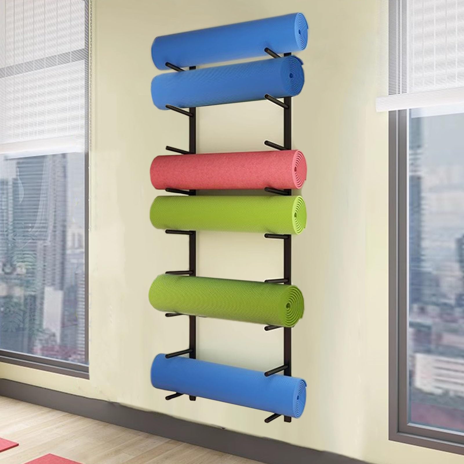 Porta Tappetino Yoga Rastrelliera Porta Tappetino Yoga per Palestra, Portaoggetti In Metallo per Rullo di Schiuma e Cinghie Elastiche, Organizzatore di Tappetini per Esercizi con Montaggio a Parete