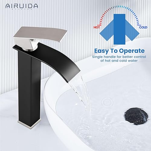 Vista 72 de Airuida Grifo de baño de cascada negro mate, grifo de baño de un solo agujero, grifo mezclador de montaje en cubierta con placa de cubierta, grifo