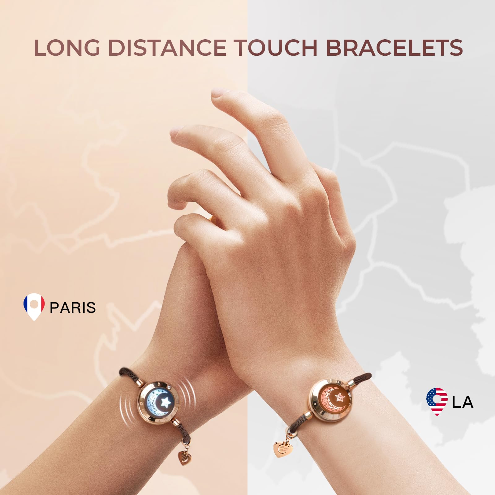 TOTWOO Pulseras táctiles de larga distancia con función de vibración, joyas inteligentes para él y ella, pulseras a juego, patrón de sol y luna, regalos para parejas, pareja de pareja de pareja uno a