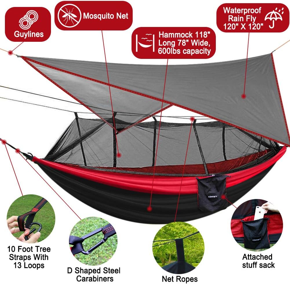 Kinfayv Camping Hammock with Mosquito Net And Rain Fly - Portable Double Hammock with Bug Net and Tent Tarp Heavy Duty Tree Strap, Hammock Tent for Travel Camping Backpacking Hiking Outdoor Activities : Sports & Outdoors