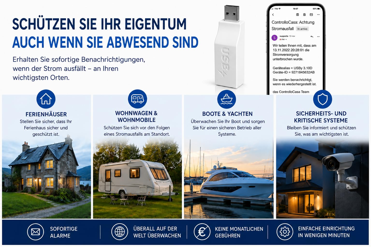 Stromausfall Melder | Stromausfall Alarm WLAN | Sofortige Warnung bei Stromausfall | Schutz für Gefrierschrank, Kühlschrank , Aquarium, Ferienhaus, Wohnmobil und Sicherheitssysteme | Ohne ABO