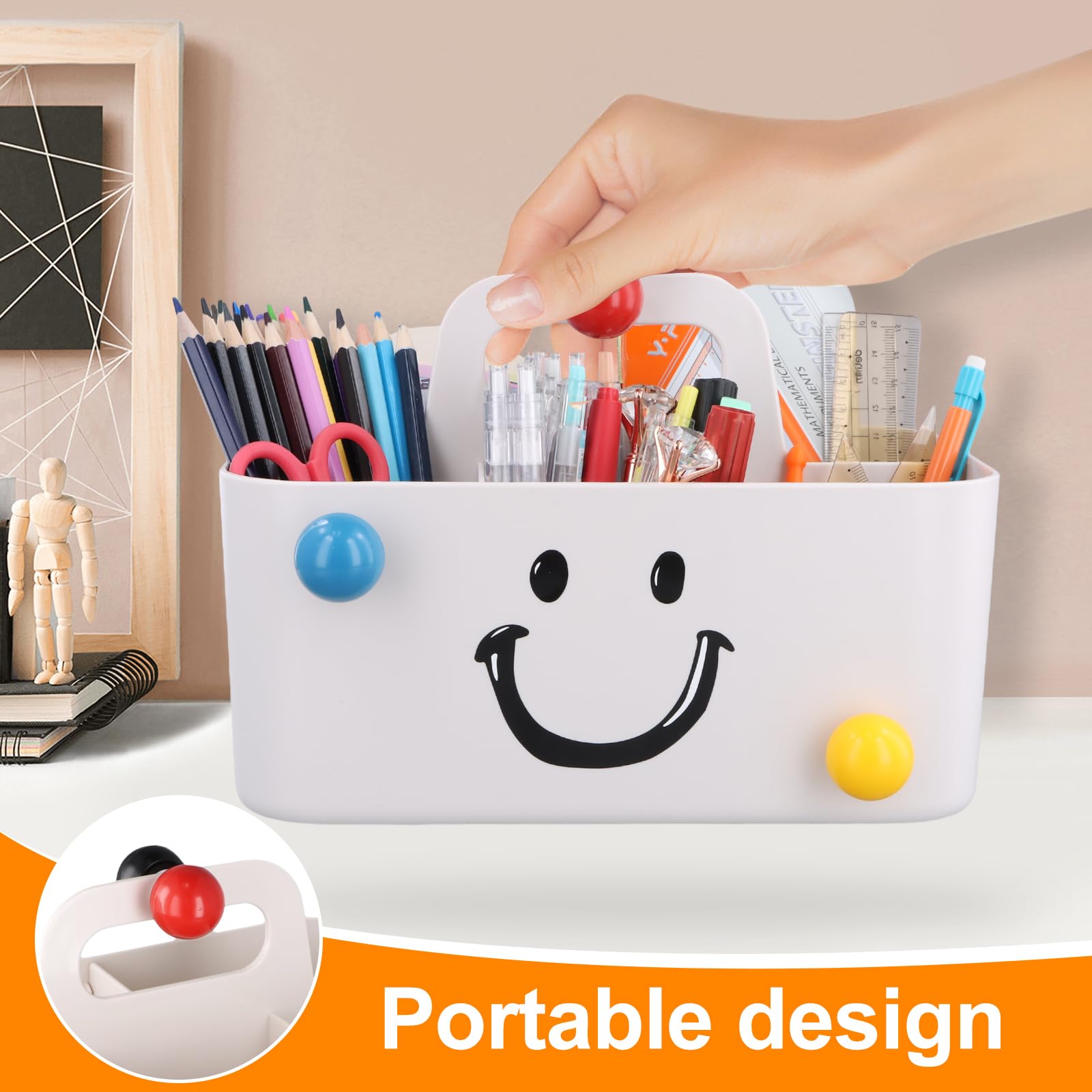 Organizer Scrivania con Maniglia, Portapenne Bambini da Scrivania con Braccia e Gambe 3D Autoadesive, Cestino Portaoggetti da Scrivania in Plastica, Piccolo Cestino di Stoccaggio da Cosmetici