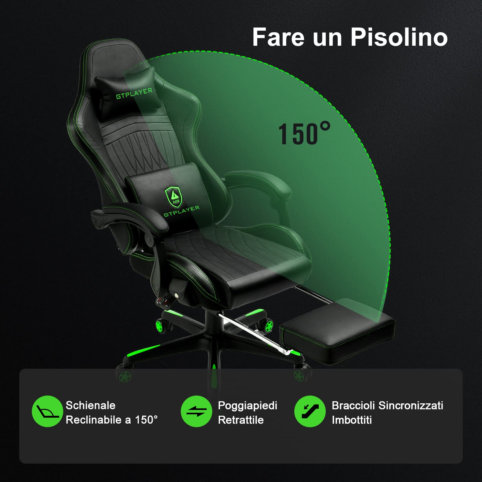 GTPLAYER Sedia Gaming Ergonomica con Poggiapiedi e Altoparlante Bluetooth Poltrona Ufficio Scrivania Sedie Girevole Musicale con Braccioli di Collegamento