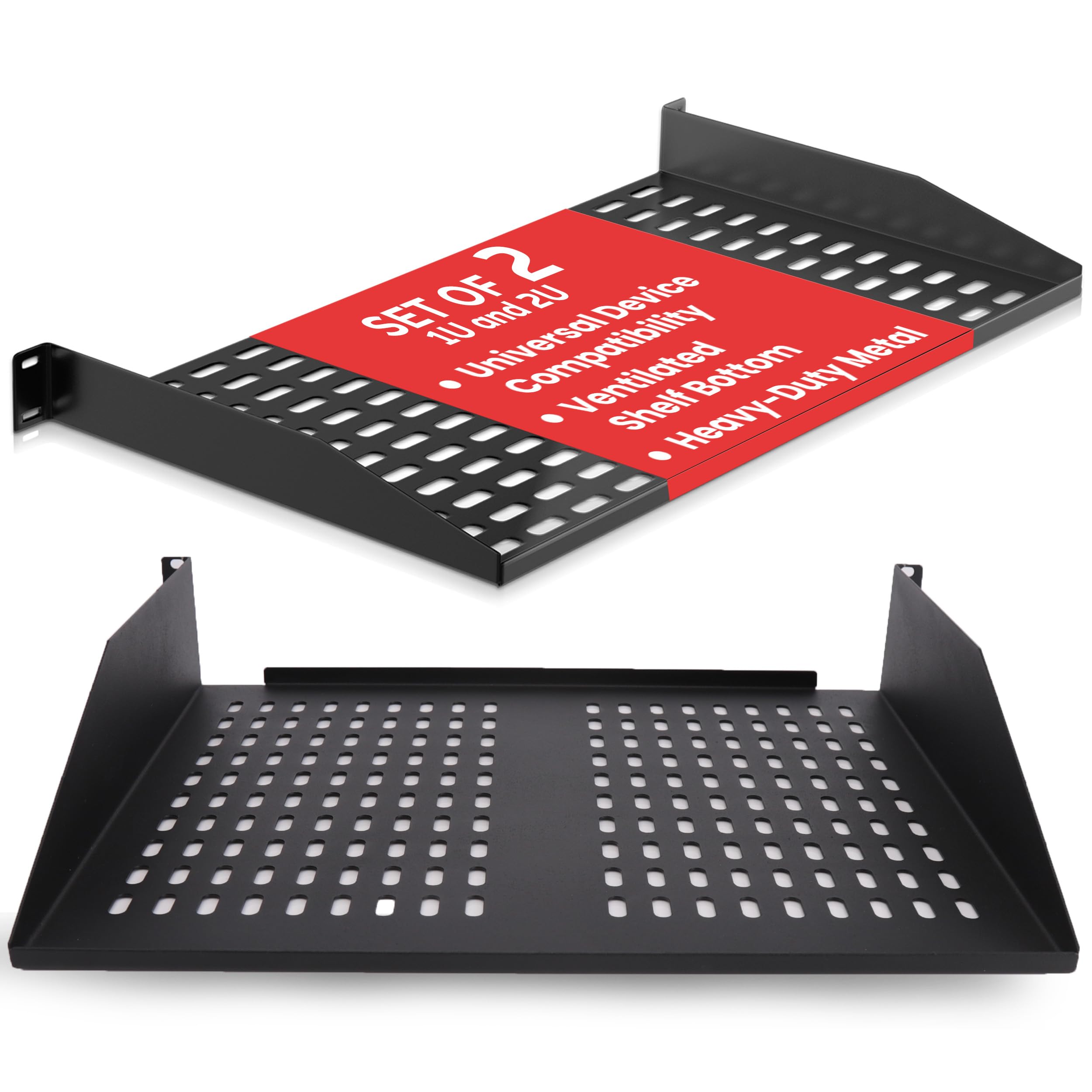 Pyle 19-Inch 1U+2U Server Rack Shelves - Universal Mounting Tray for Computer Racks & Cabinets, Wall Mount Compatible, Ventilated Design for Air Circulation, Black Computer Case,110lbs Weight Capacity