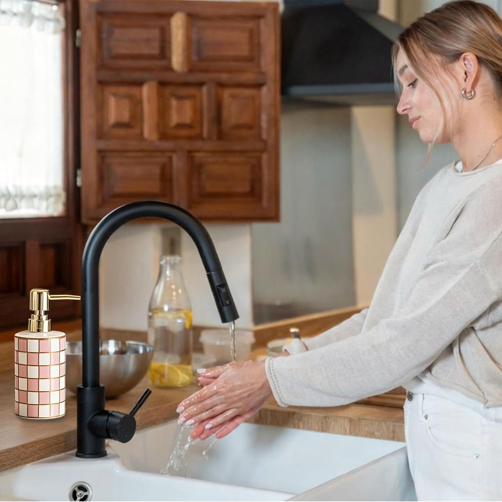 Dispenser da banco per detersivo per piatti Dispenser Di Sapone For Le Mani In Ceramica, Piatto A Scacchiera Retrò Accessori per il bagno(Green)