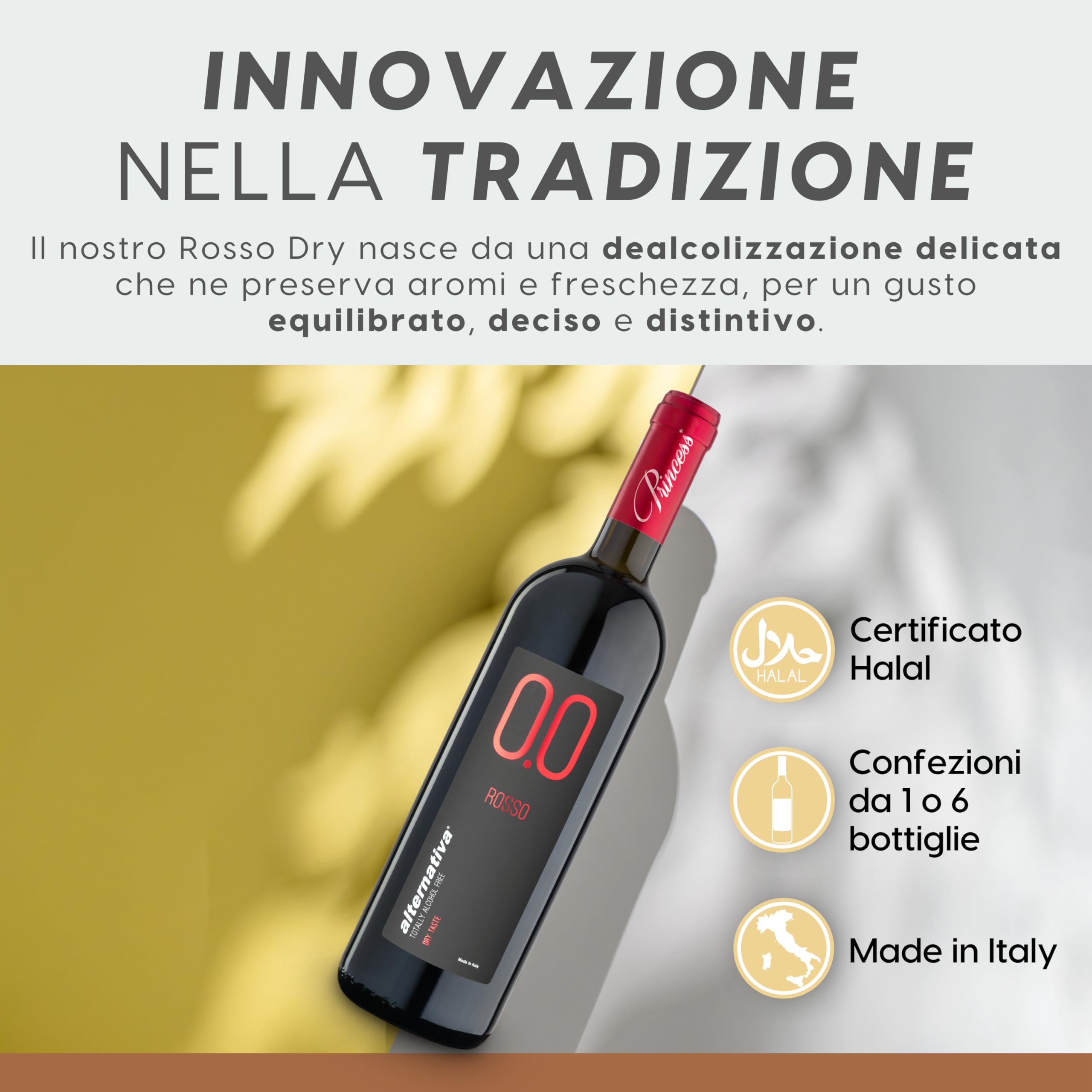 ALTERNATIVA Rosso Dry Analcolico 0.0% - Dealcolato Italiano Senza Alcol - Ideale per Celebrazioni e Regali - Confezione da 6 Bottiglie da 750ml Alcool Free