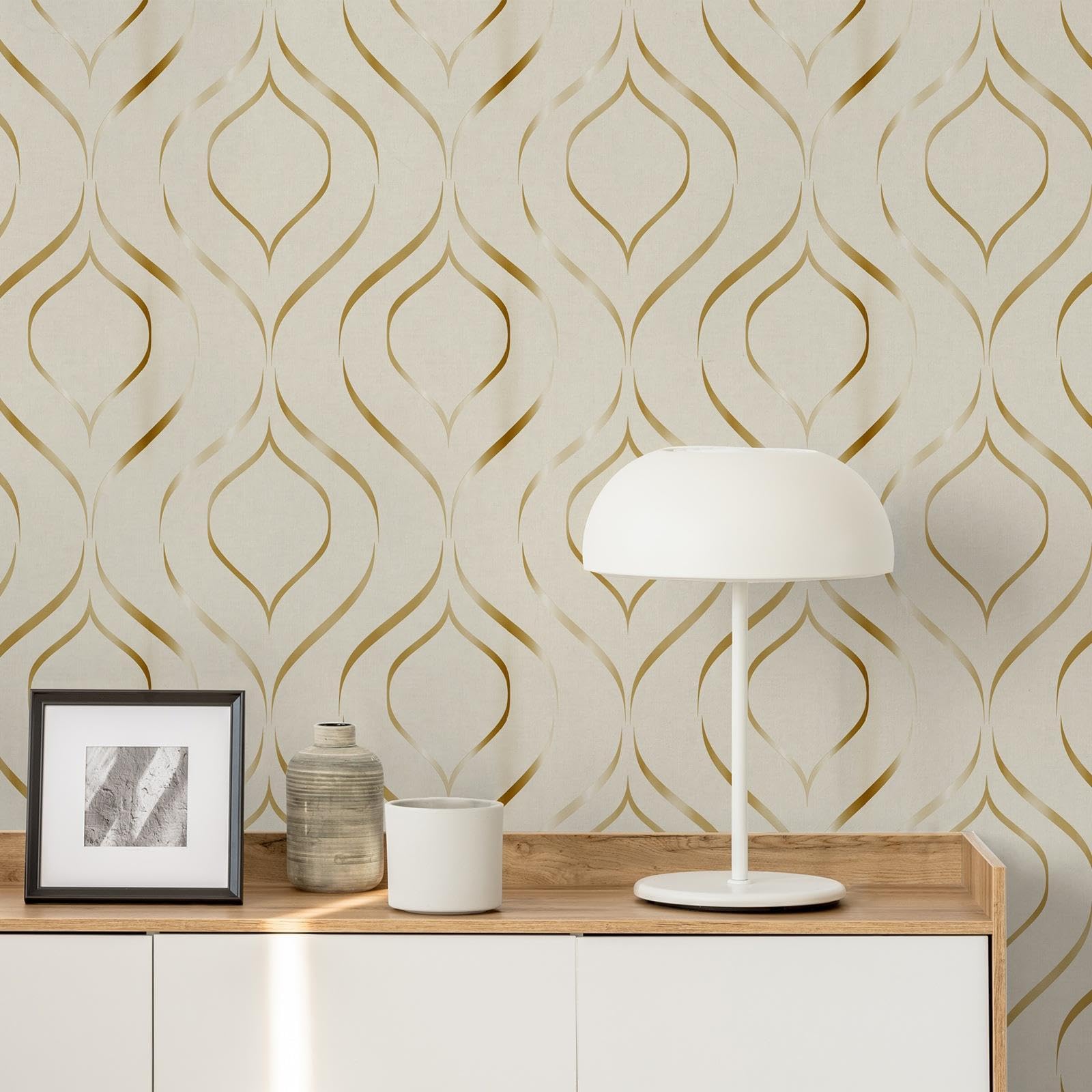 B&Q -  Cream Gold Geometric Wallpaper Metallic Shimmer Feature Wall Lounge