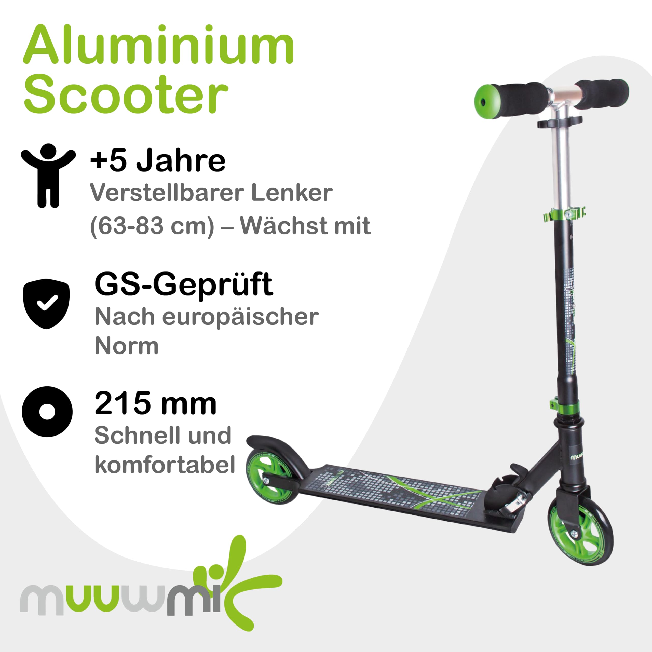 Muuwmi Aluminium Scooter – Tretroller, 125 mm, ABEC 5, GS geprüft, höhenverstellbar, Maximale Tragkraft - 100 Kilogramm