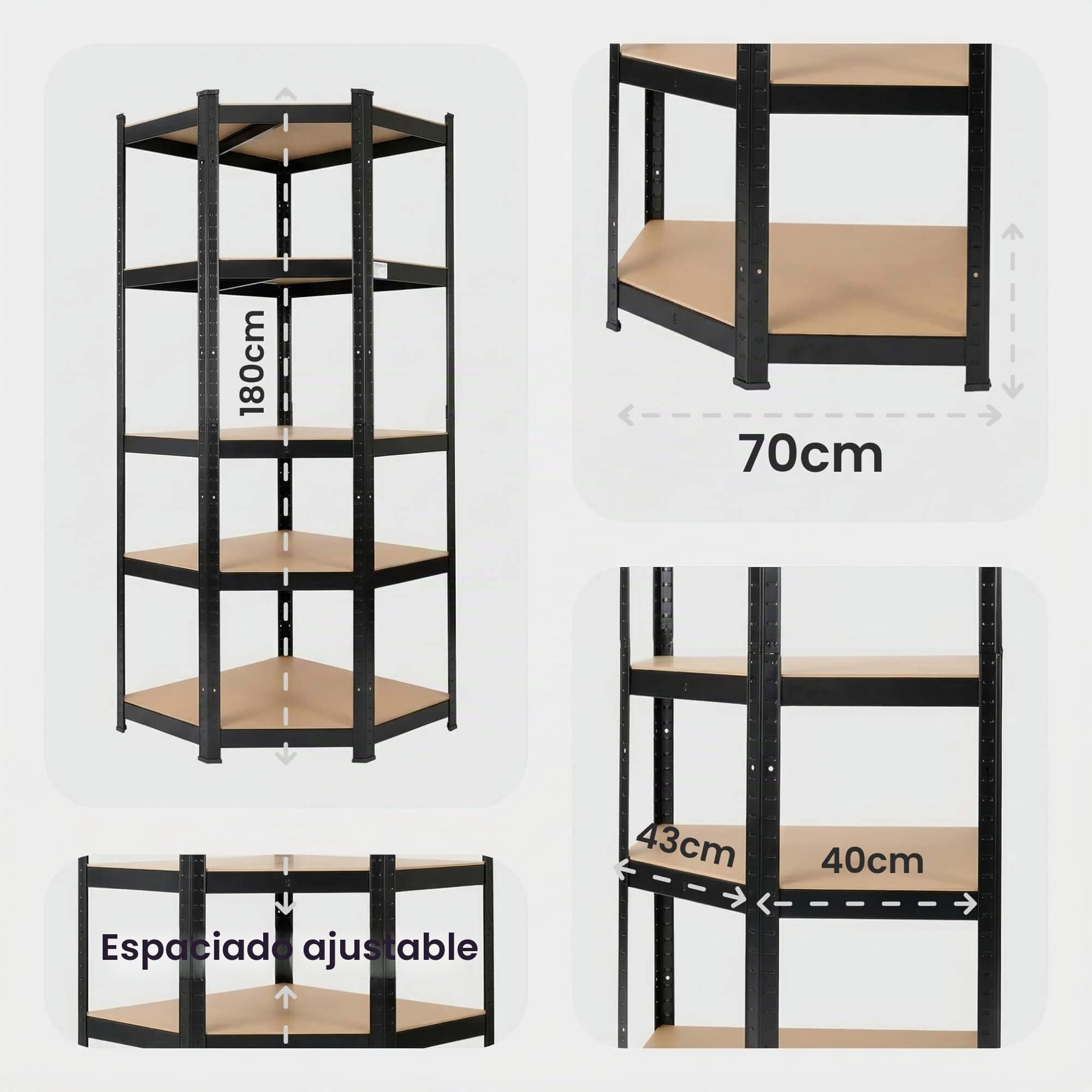 Arebos Estantería para Cargas Pesadas | Estantería sin Tornillos 875 kg | Fácil de Montar Gracias al Sistema de Enchufe | 180 x 70 x 70 cm | 5 estantes de MDF | hasta 175 kg por Estante | Negro