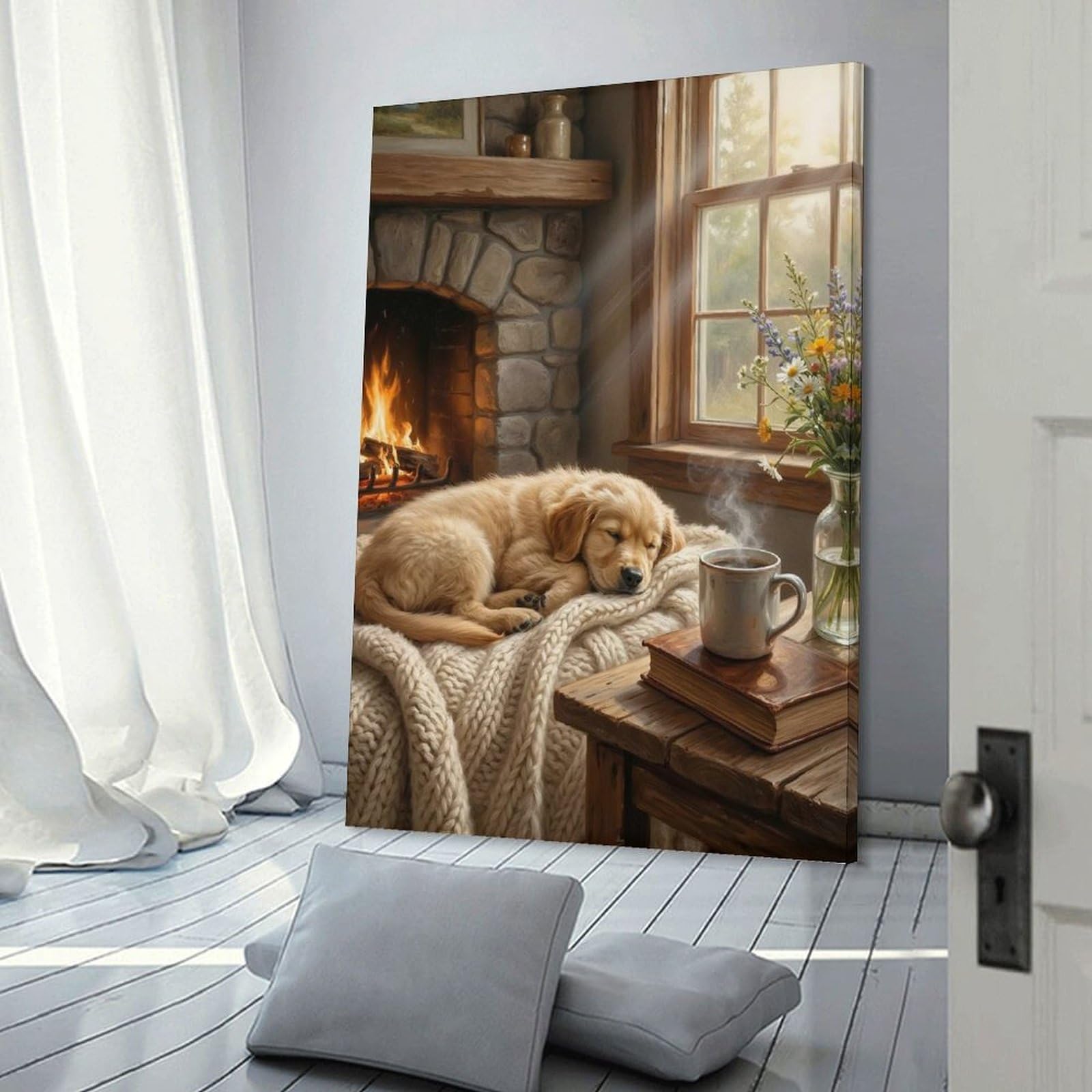 Junmoney Cozy Fireplace Scene with Sleeping Dog Room Decor Wall Art, 20x30inch(50x75cm), for Living Room, Lounge Or Sitting Room, A Home Accent with Warm Character