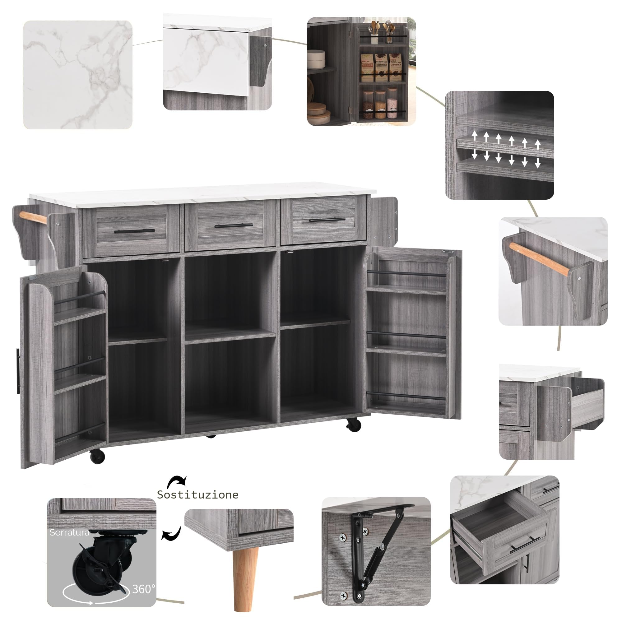 Isola della cucina con piano di lavoro pieghevole, carrello da portata mobile con 3 cassetti/2 armadietti/piedini in legno massello intercambiabili, 129 x 46 (71) x 91,5 cm