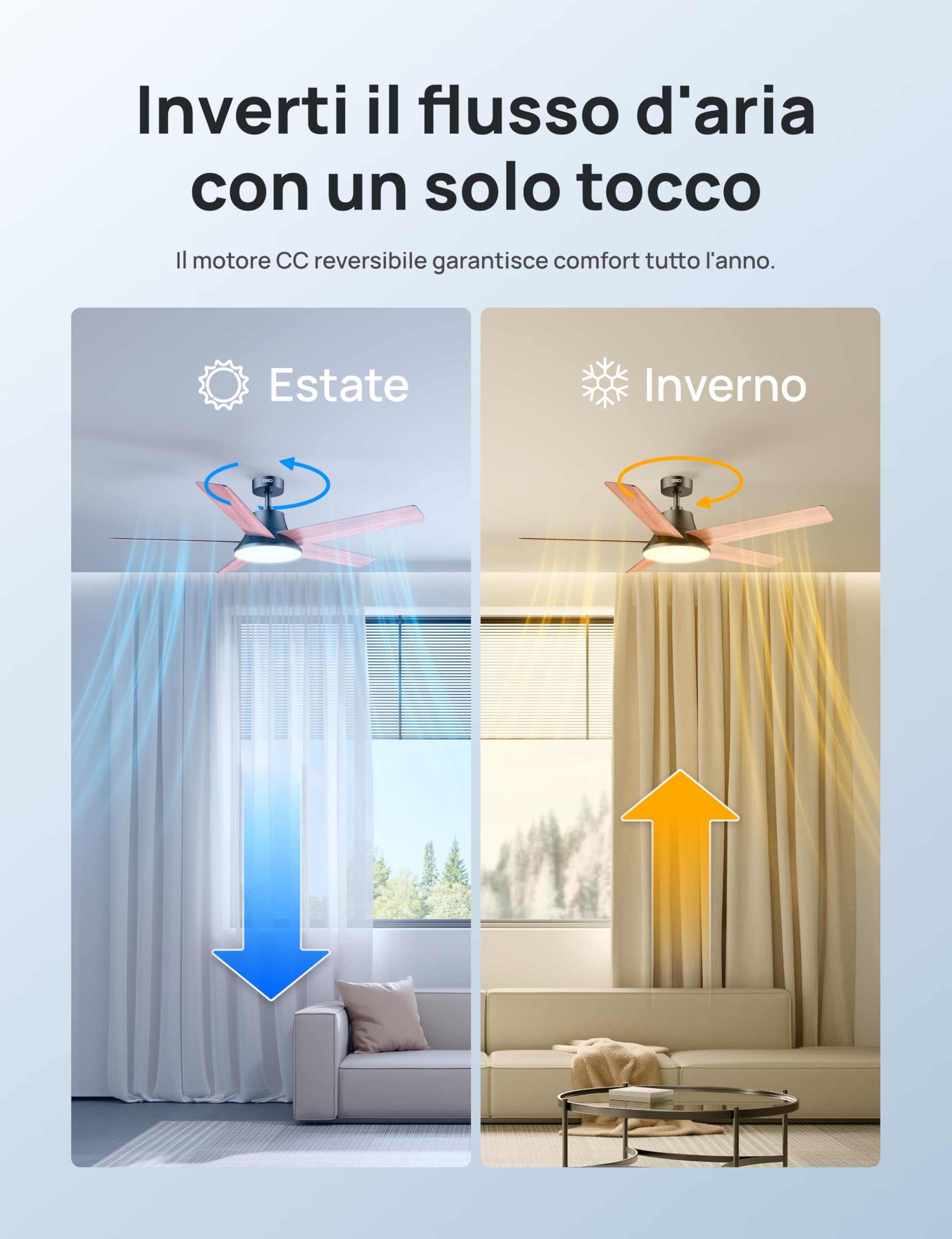 DREO Ventilatore a Soffitto Smart 132 cm, Luce LED con Tonalità Regolabili e Dimmerabile, 12 Velocità, 3 Modalità, Timer 12h, Motore DC Silenzioso, con Telecomando/APP/Alexa