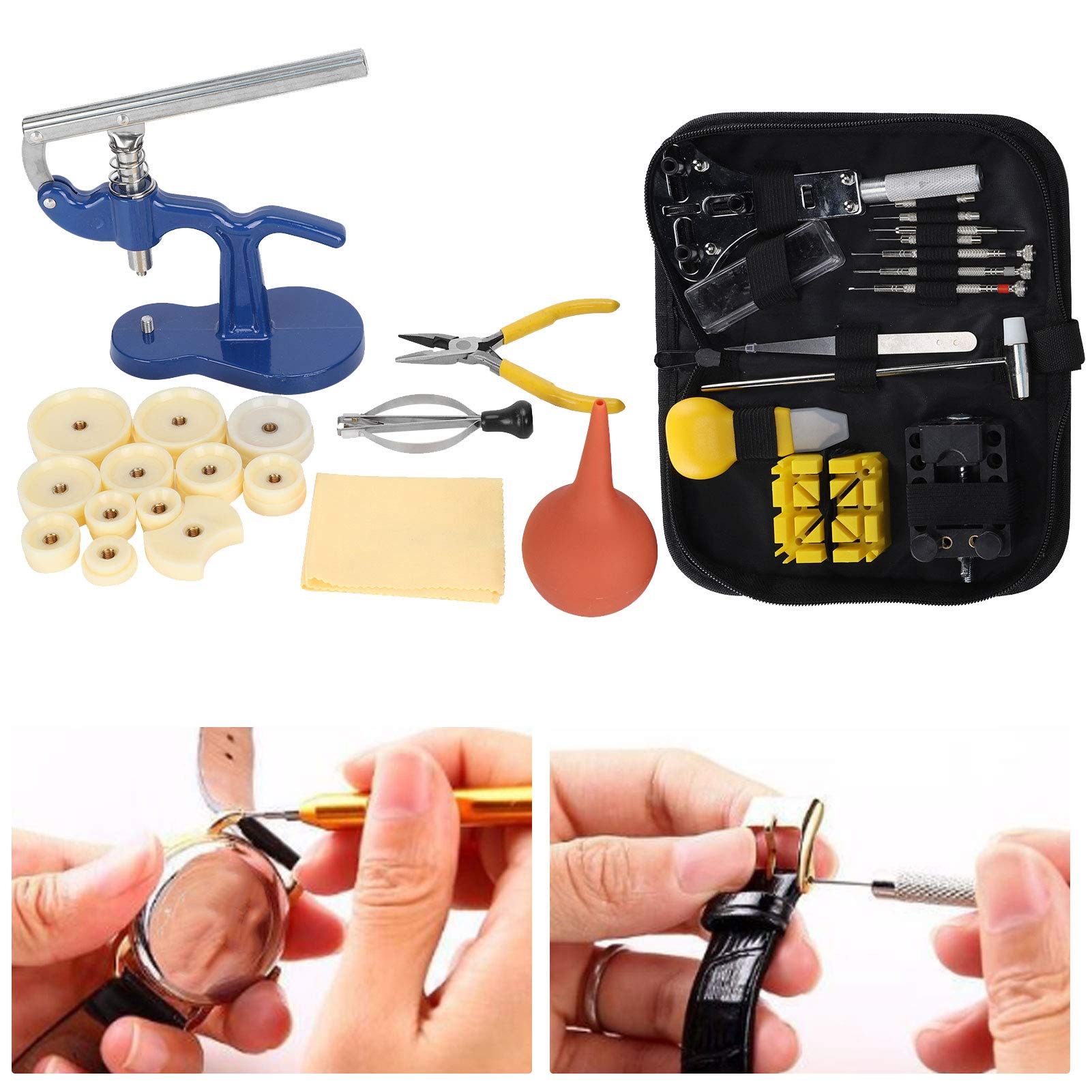 Kit de reparación de relojes, conjunto de herramientas para relojería con prensa y abridor de cajas, 10 piezas de troqueles para la extracción de la cubierta trasera, kit