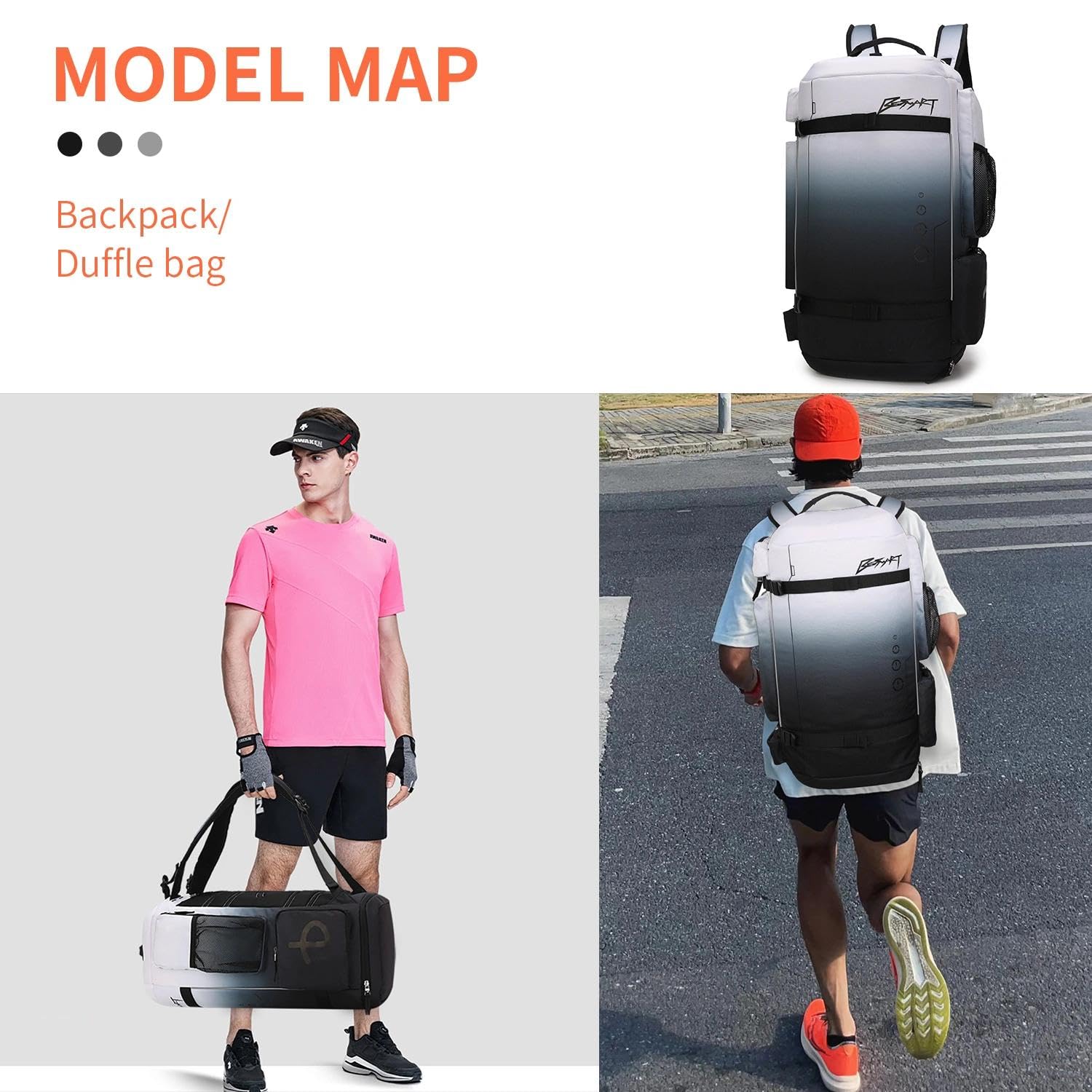 BE SMART - Mochila de gimnasio extragrande de 50 L para hombre, bolsa de gimnasio grande con compartimento para zapatos, bolsas de lona resistentes al agua, Gardient Black, XL, Mochila de lona para