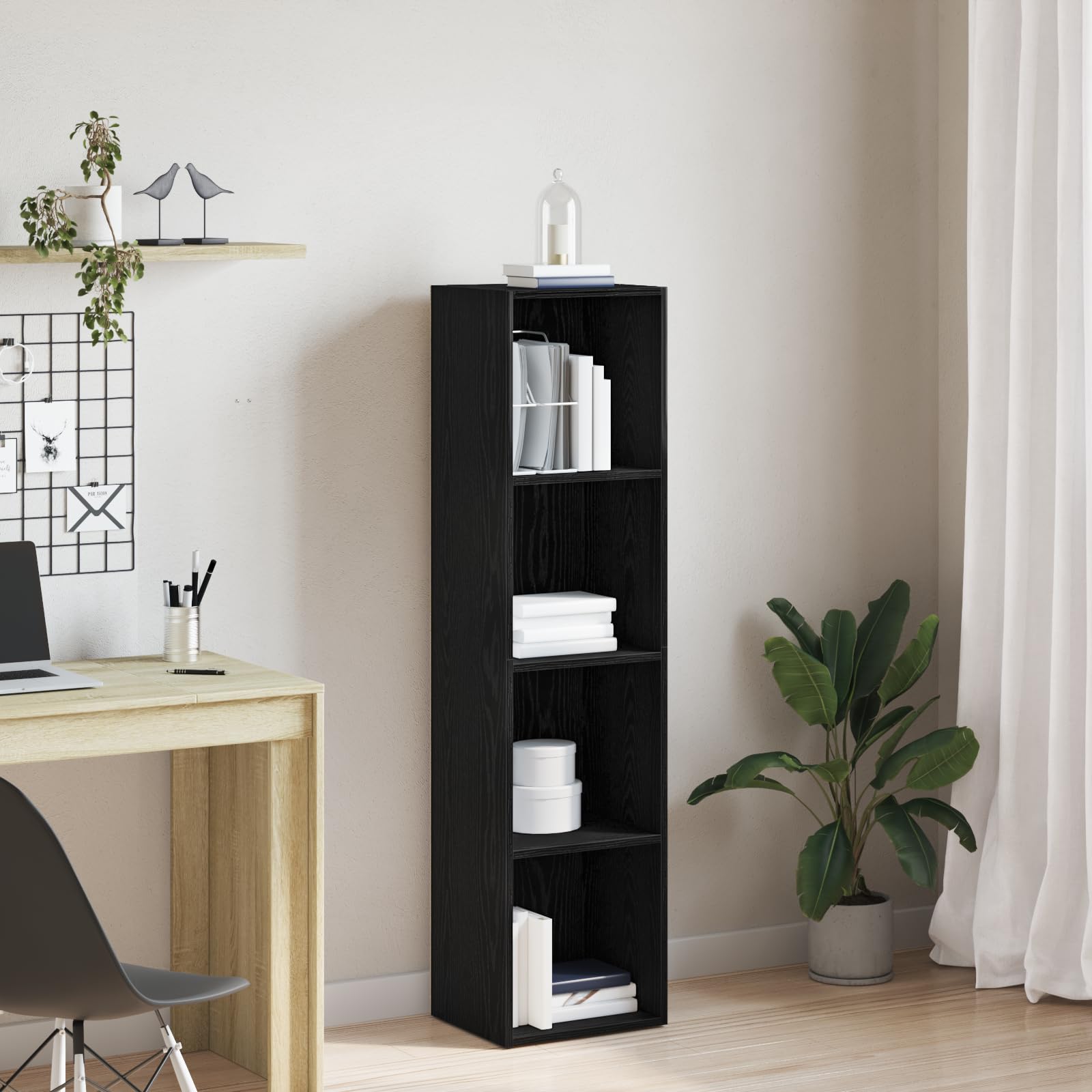 Libreria a 4 ripiani, effetto rovere nero, scaffale sottile per soggiorno e ufficio, in legno, 36 x 30 x 143 cm
