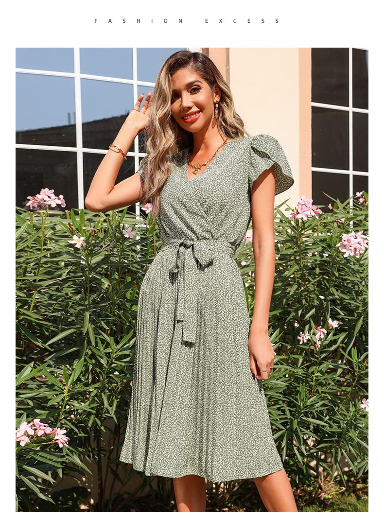 Abito Vestito con Scollo A V Pieghettato Stampato Verde Stampato Verde
