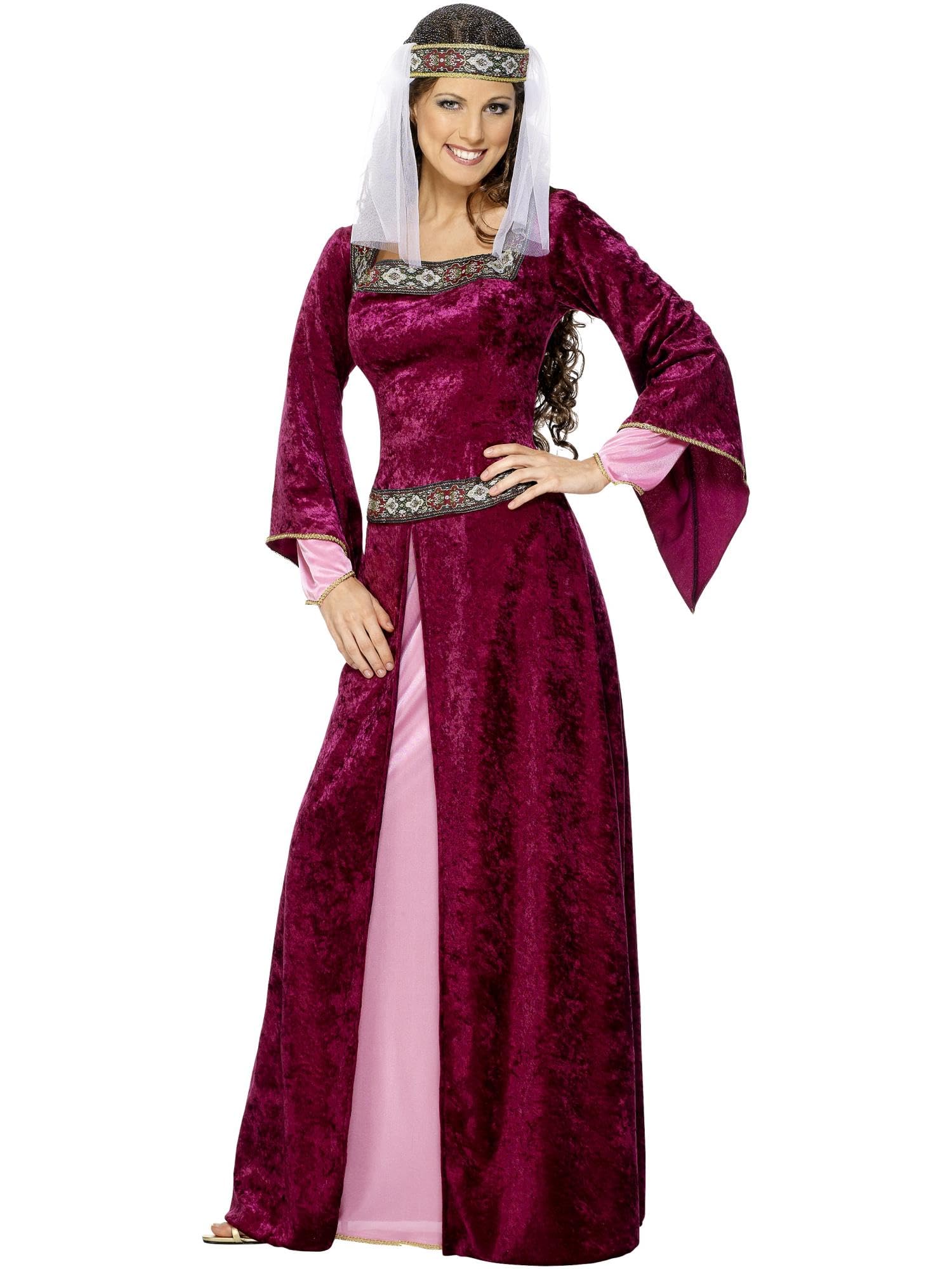 Smiffys Disfraz de Lady Marion, color borgoña, con vestido y pieza para la cabeza Halloween, Carnaval