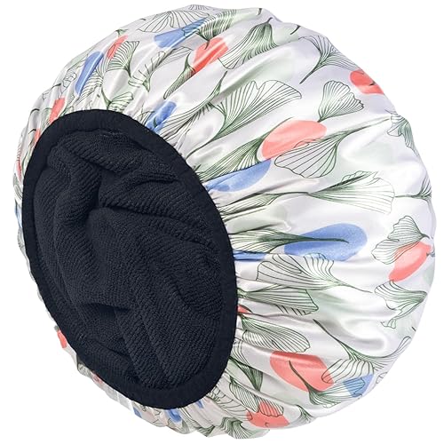 Aquior Gorro de ducha con forro de rizo para mujer, gorro de ducha reutilizable, triple capa impermeable, extra grande para mujeres de pelo largo