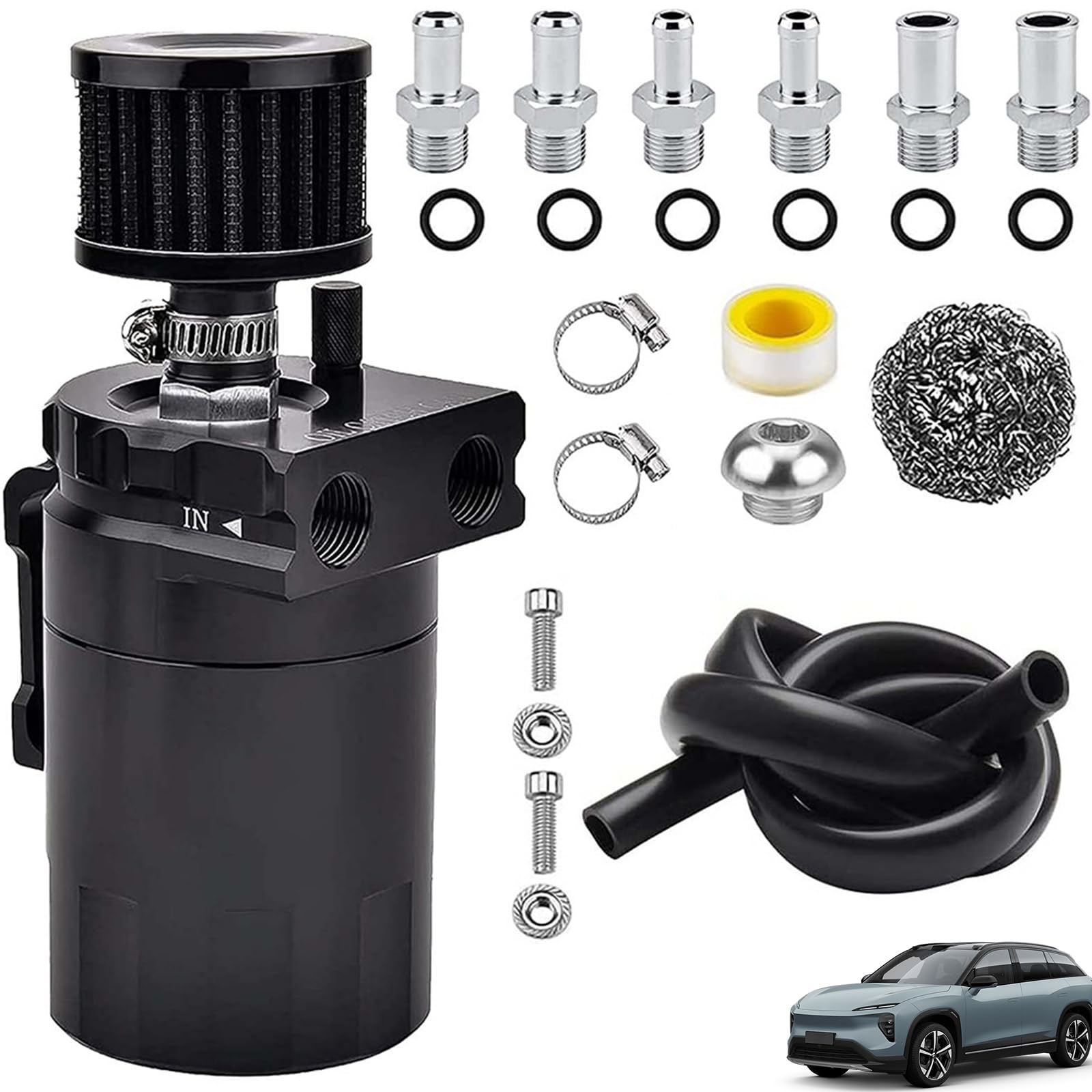 Oil Catch Can Auto,300ml Reniflard D'huile Auto,Aluminium Voiture Réservoir,Universel Séparateur Bidon Huile,Récupérateur Huile Moteur avec Filtre à Air,Tuyau et Autres Accessoires pour Une Variété