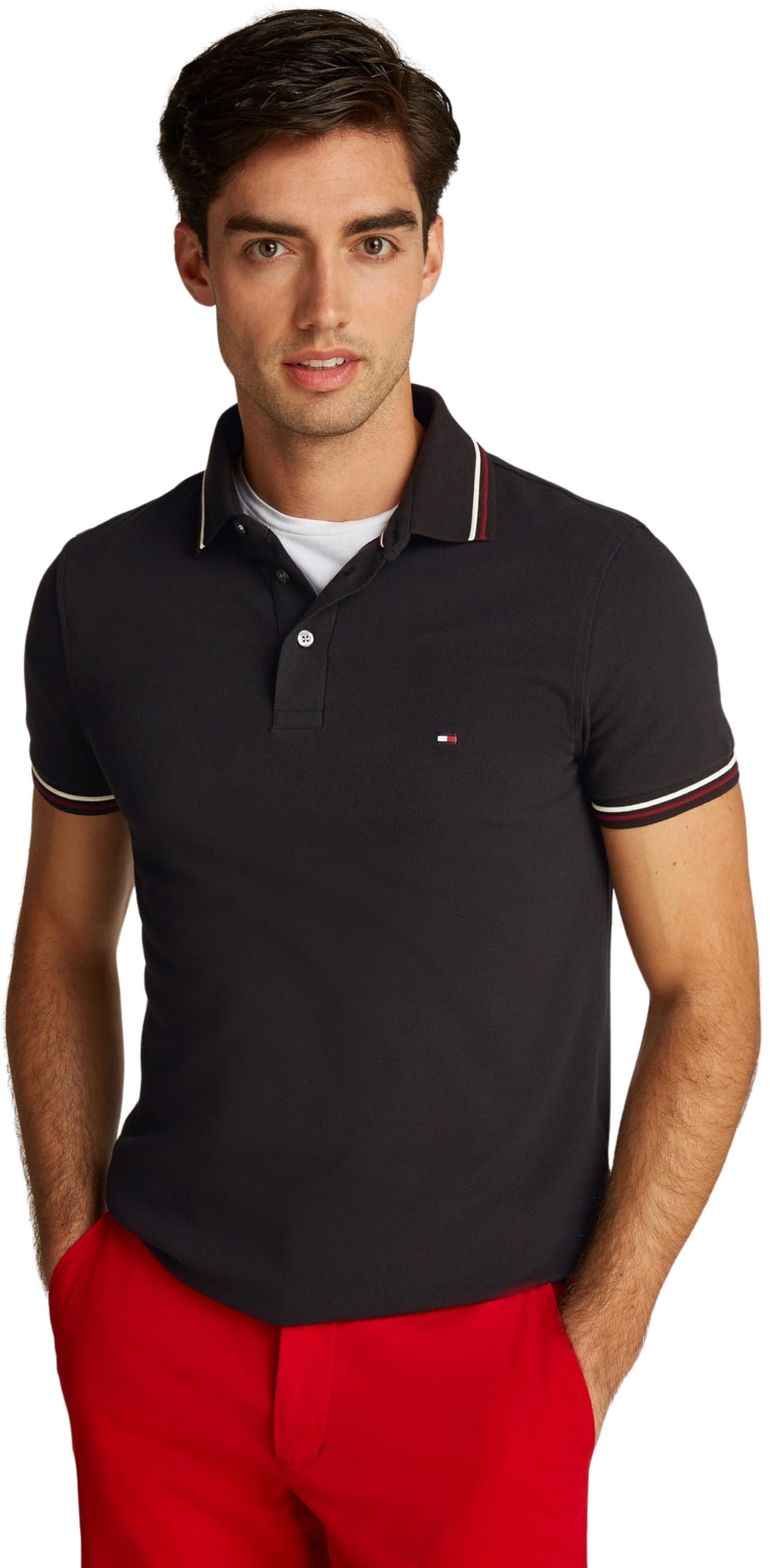 Tommy Hilfiger Men's Tipped Slim FIT Polo MW0MW37346 S/S Polo, Black, XXL