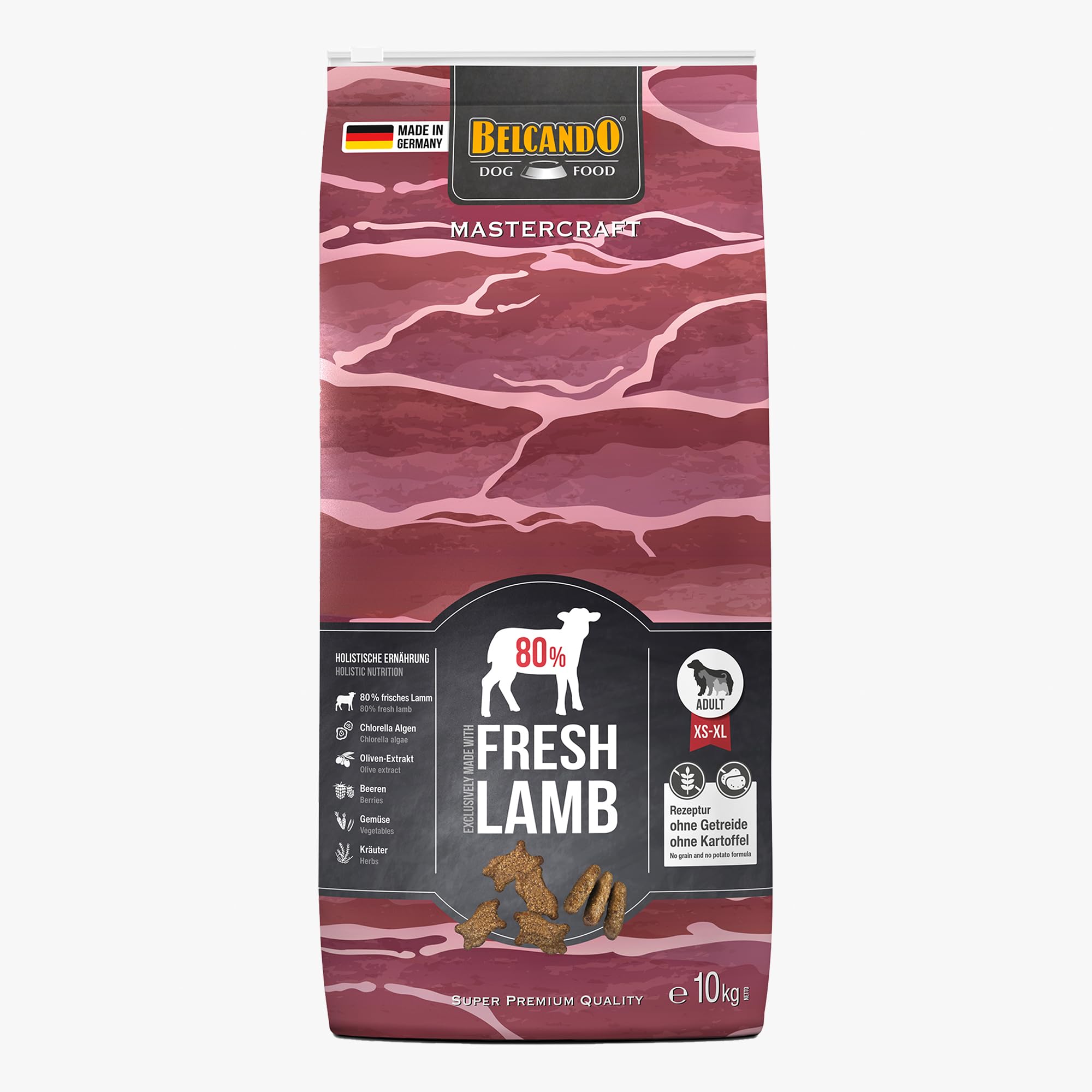 BELCANDO MASTERCRAFT Hundefutter trocken Fresh Lamb, 10kg, Trockenfutter für Hunde mit Lamm, 80% Frischfleisch, getreidefrei, für alle Rassen, Made in Germany