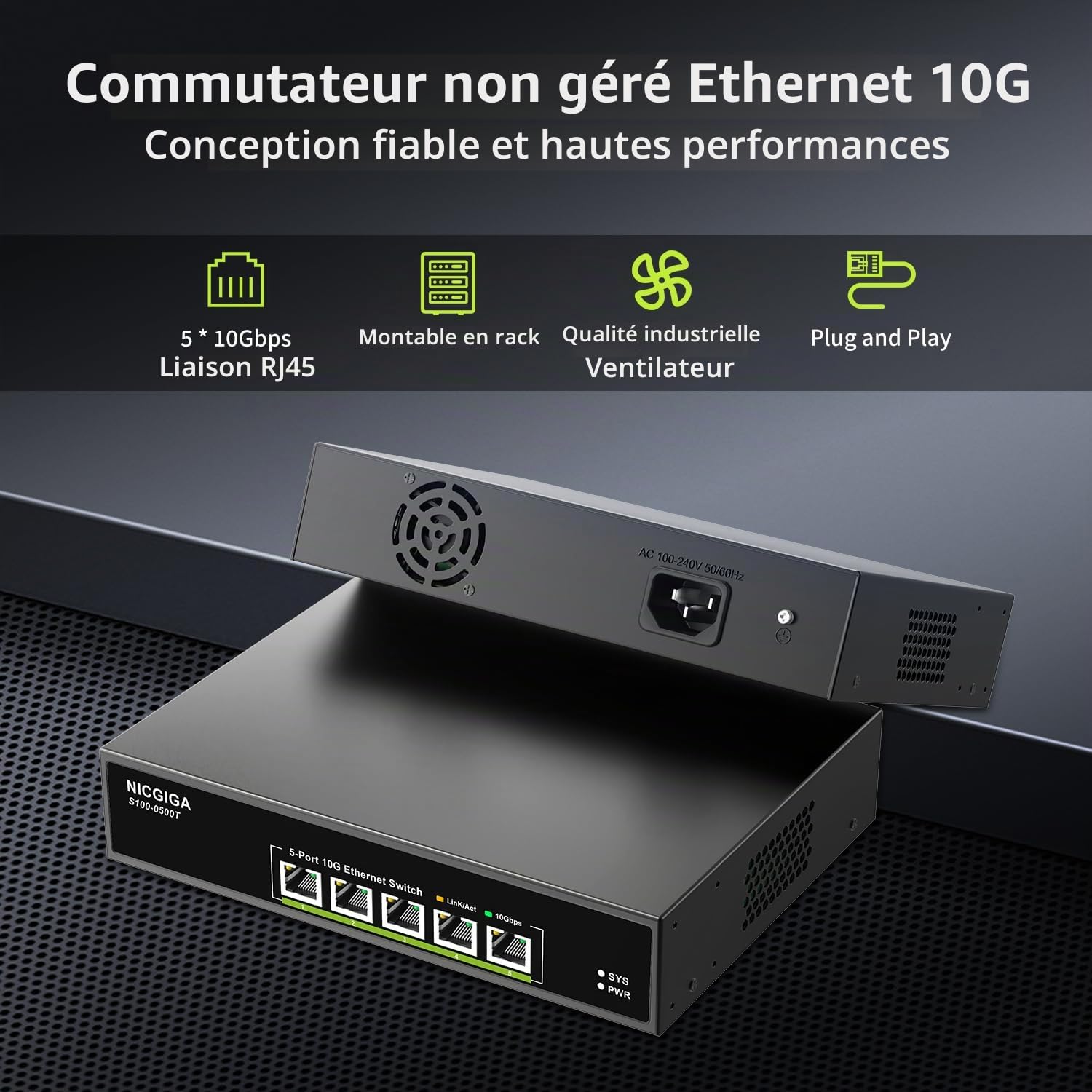 5 Port 10G Ethernet Switch Unmanaged,with 5X 10Gb Base-T RJ45 Ports, NICGIGA 10Gbps Network Switch Easy for 10Gbps NAS,PC,WiFi7 Router,10G Adapter/NIC. Desktop Or 19-inch Rack Mount, Plug and Play.