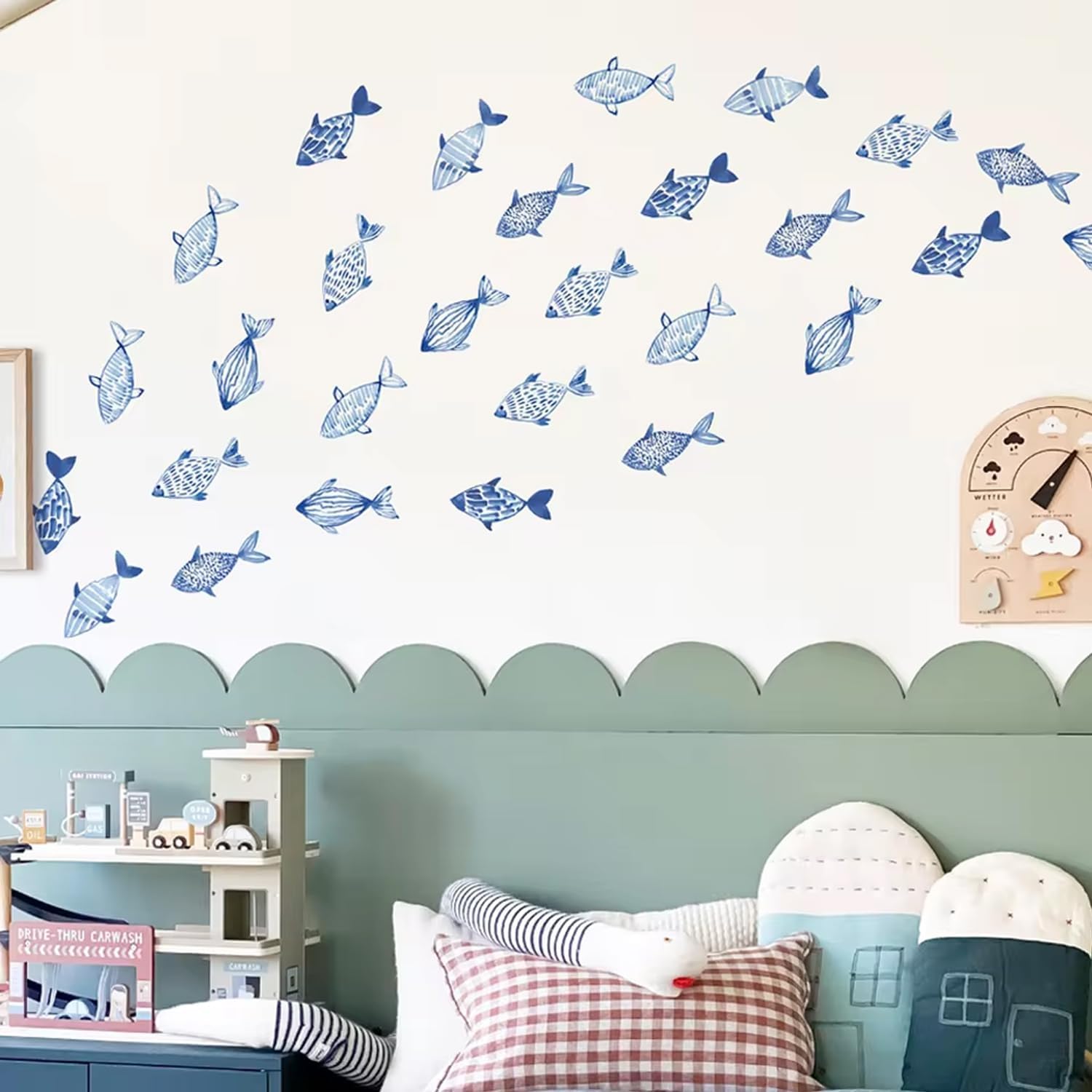 30pcs Hand Drawn Watercolor Fish Underwater World Wall Decals Waterproof Peel&Stick Wall Sticker, Ocean Blue Fishes for Boy's Kids Room Nursery Classroom Bathroom Decor