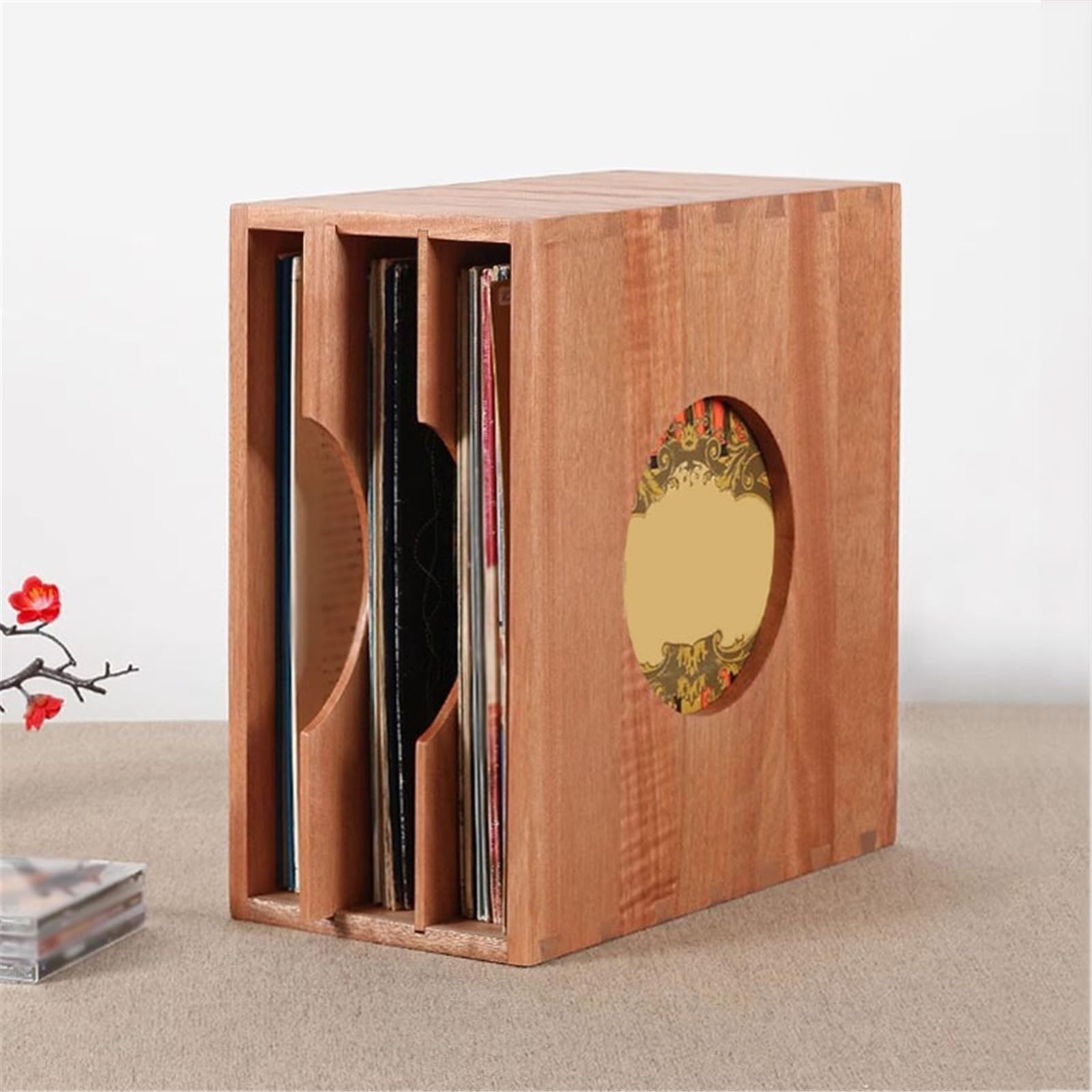 Supporto per CD Porta dischi in vinile da tavolo a tre scomparti, scatola porta CD in legno con ripiani estraibili