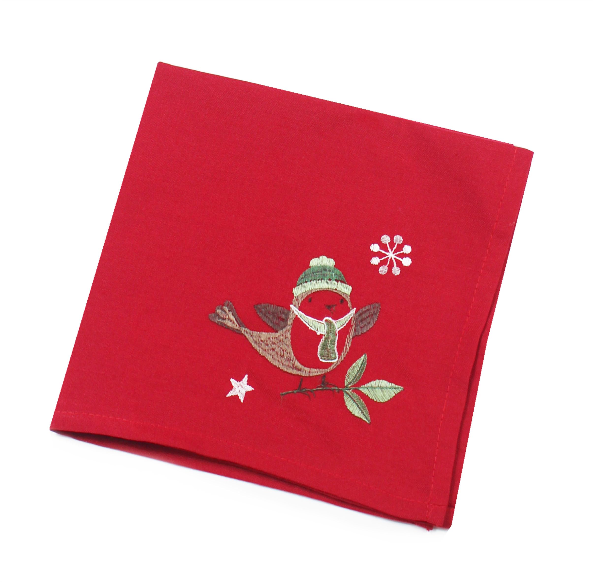 Chirpy Embroidered Christmas Robin Napkin - 45cm x 45cm